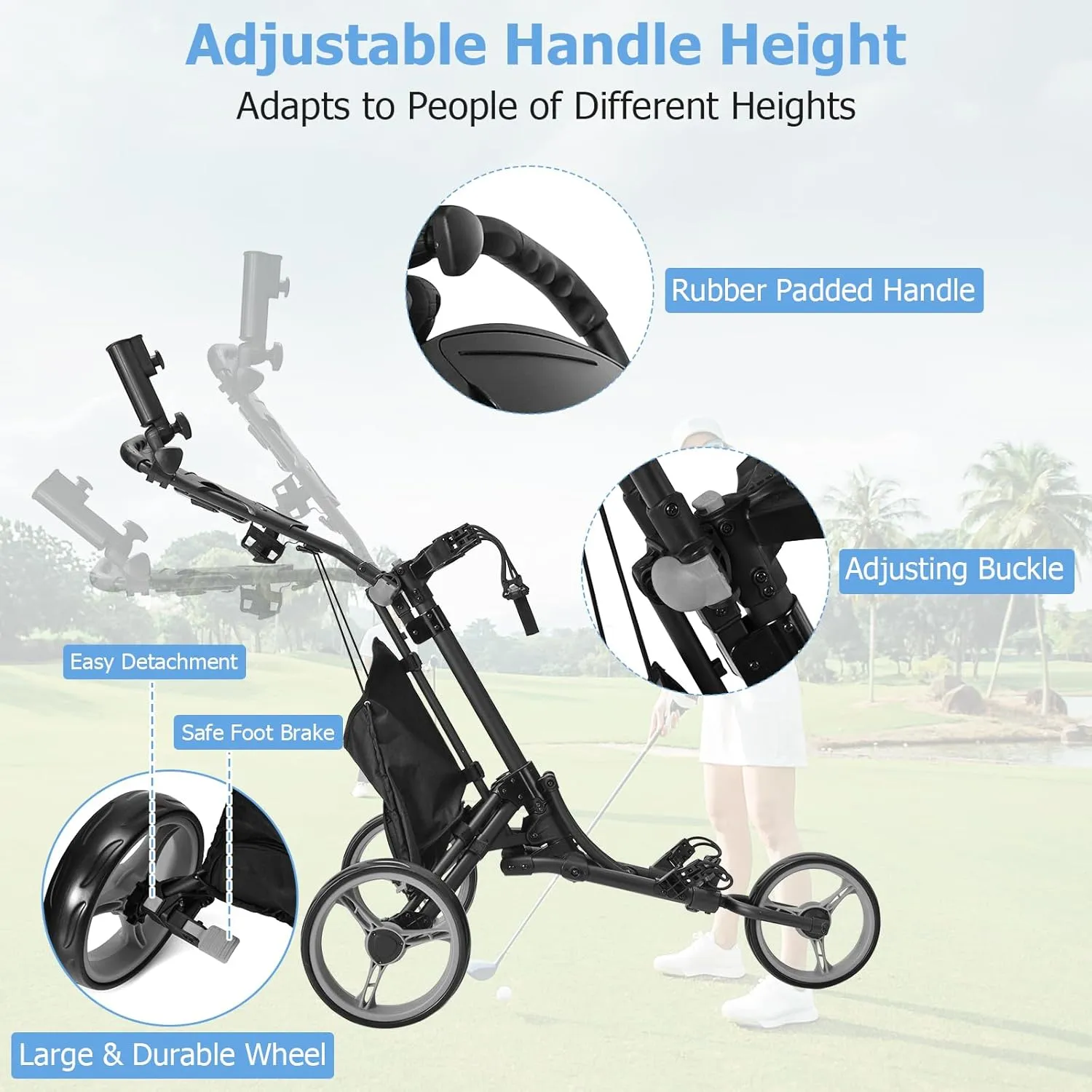 Tangkula Lightweight Aluminum Collapsible 3 Wheels Golf Push Cart with Elastic Strap, Umbrella & Cup Holder, Scoreboard Storage & Foot Brake