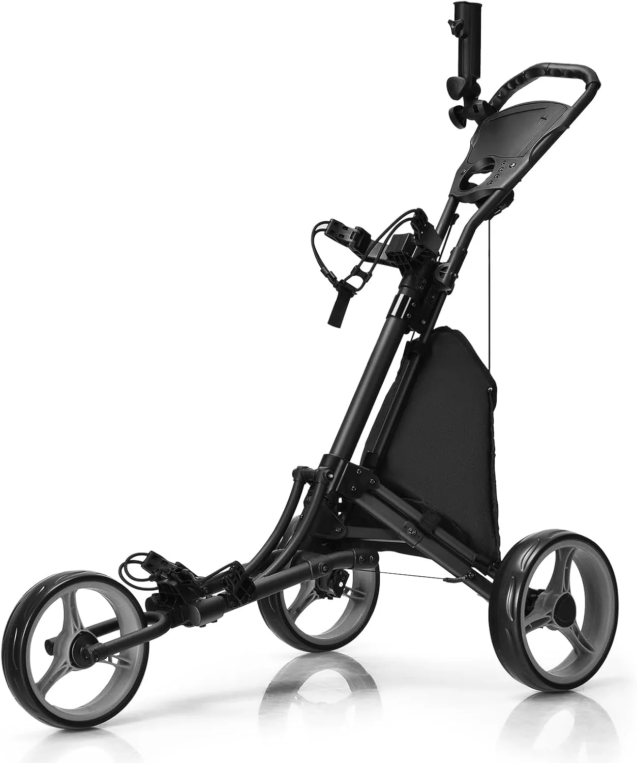 Tangkula Lightweight Aluminum Collapsible 3 Wheels Golf Push Cart with Elastic Strap, Umbrella & Cup Holder, Scoreboard Storage & Foot Brake