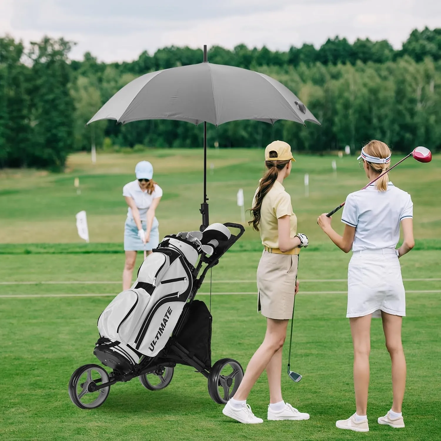 Tangkula Lightweight Aluminum Collapsible 3 Wheels Golf Push Cart with Elastic Strap, Umbrella & Cup Holder, Scoreboard Storage & Foot Brake