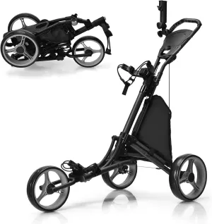 Tangkula Lightweight Aluminum Collapsible 3 Wheels Golf Push Cart with Elastic Strap, Umbrella & Cup Holder, Scoreboard Storage & Foot Brake