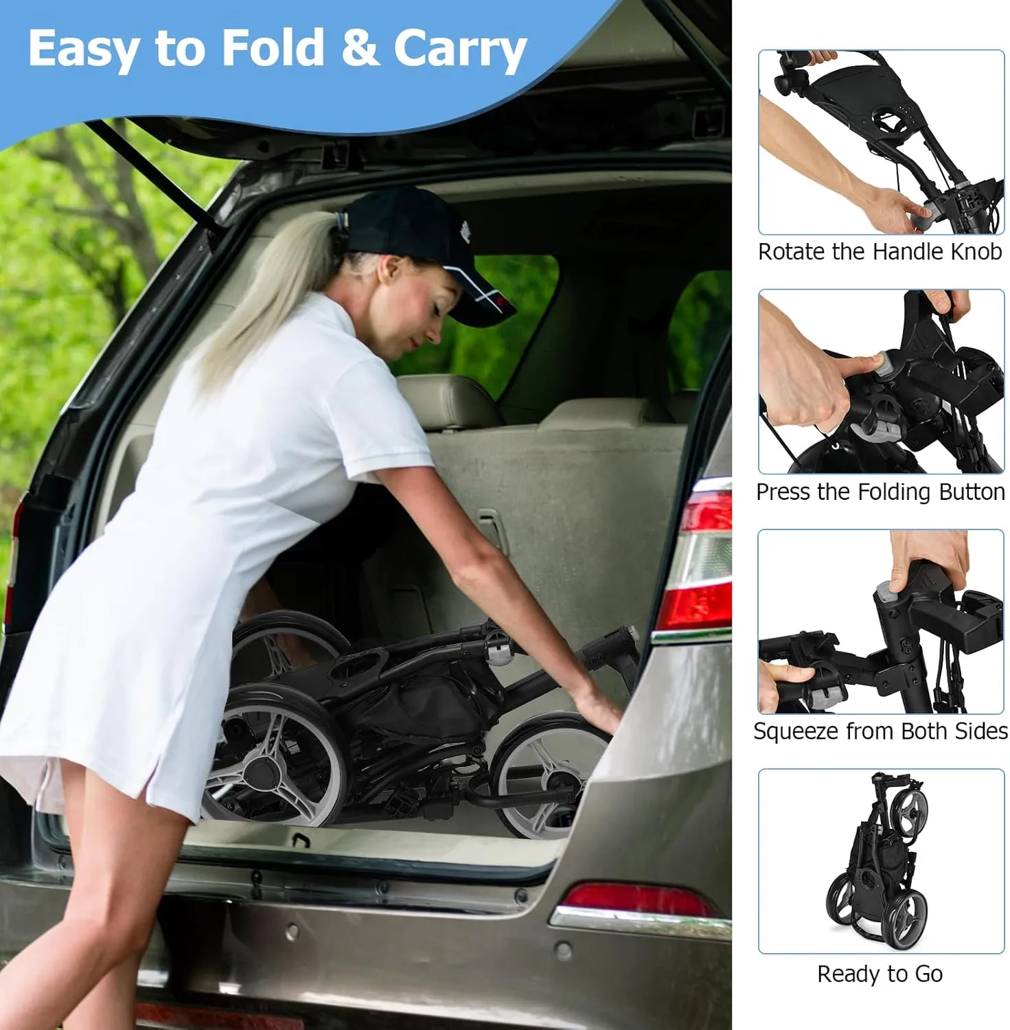Tangkula Lightweight Aluminum Collapsible 3 Wheels Golf Push Cart with Elastic Strap, Umbrella & Cup Holder, Scoreboard Storage & Foot Brake