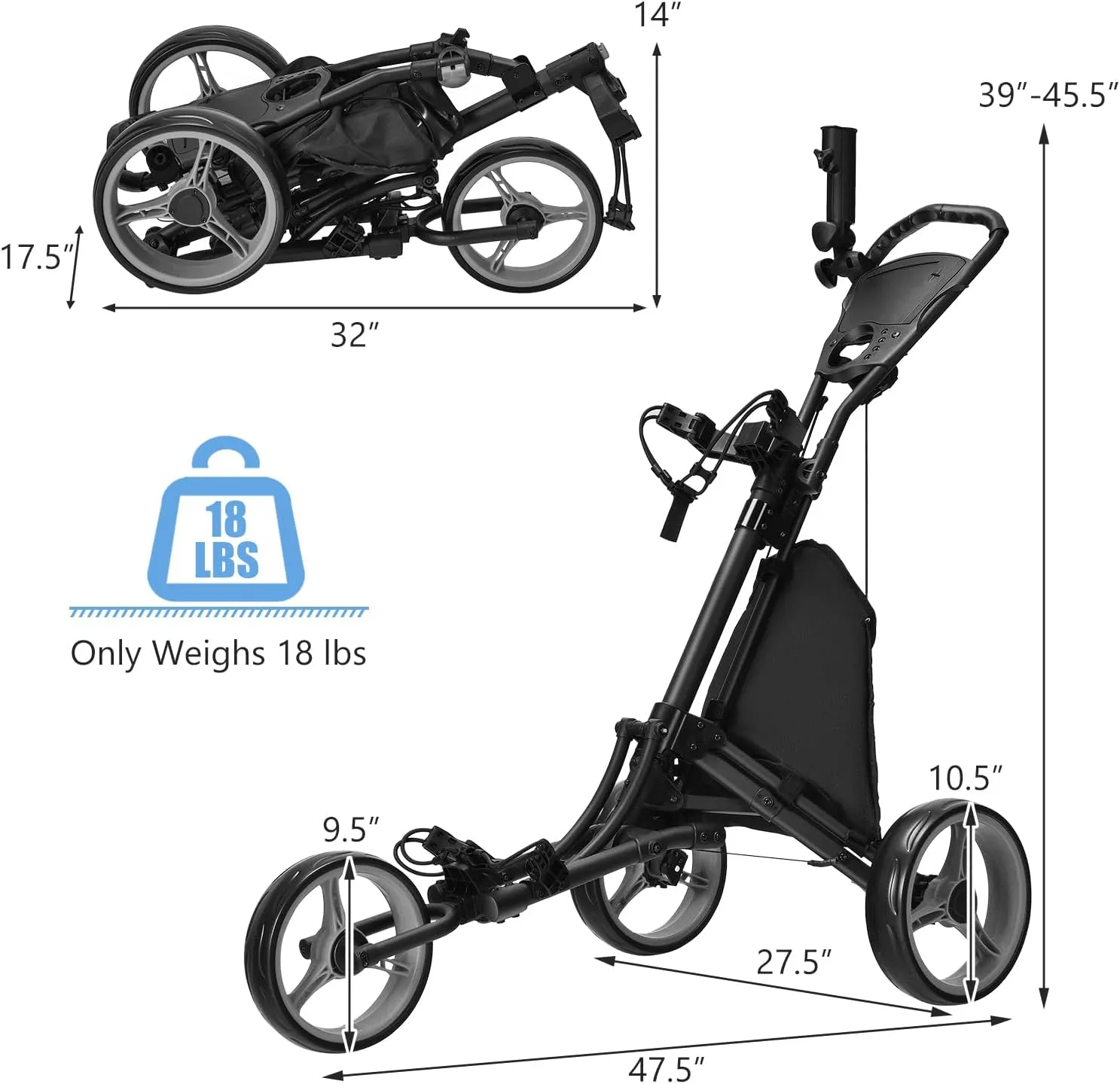 Tangkula Lightweight Aluminum Collapsible 3 Wheels Golf Push Cart with Elastic Strap, Umbrella & Cup Holder, Scoreboard Storage & Foot Brake