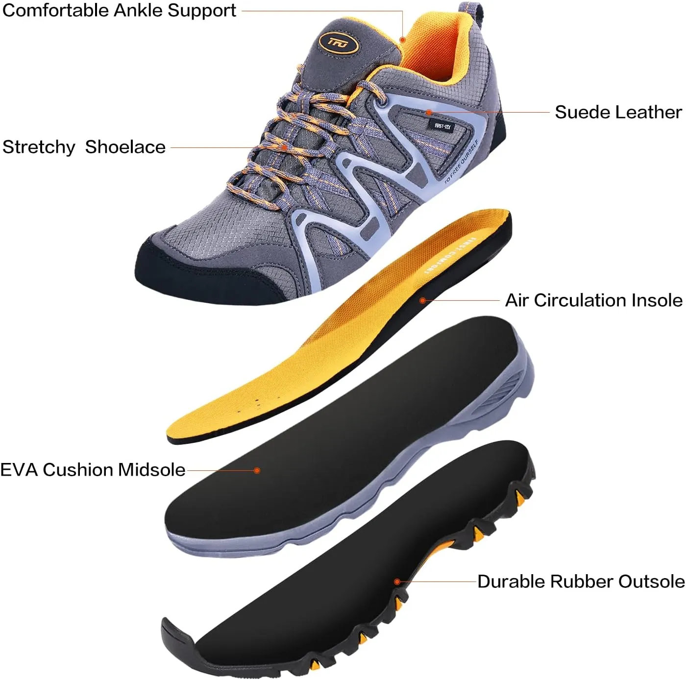 TFO Hiking Shoes Men's Waterproof Air Circulation Insole Ankle Support Non-Slip Lightweight for Outdoor Trekking Walking
