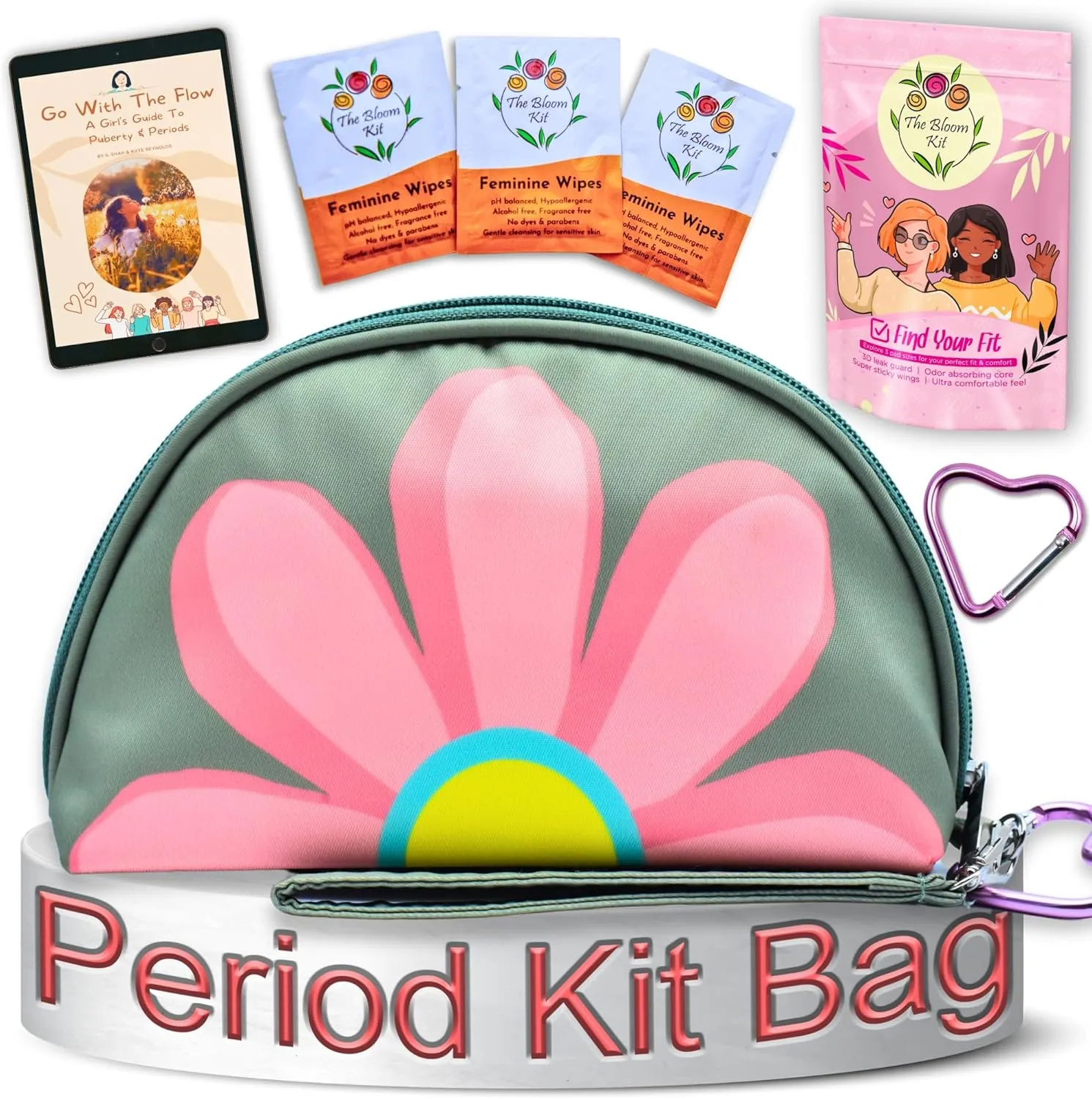The Bloom First Period Kit for Girls 9-12, Cute Sanitary Napkin Storage Bag Gifts for Girls, Tween Period Starter Kit, Portable Waterproof Emergency Sanitary Pad Pouch for Active Girls - 16 PC (Green)