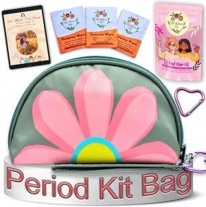 The Bloom First Period Kit for Girls 9-12, Cute Sanitary Napkin Storage Bag Gifts for Girls, Tween Period Starter Kit, Portable Waterproof Emergency Sanitary Pad Pouch for Active Girls - 16 PC (Green)