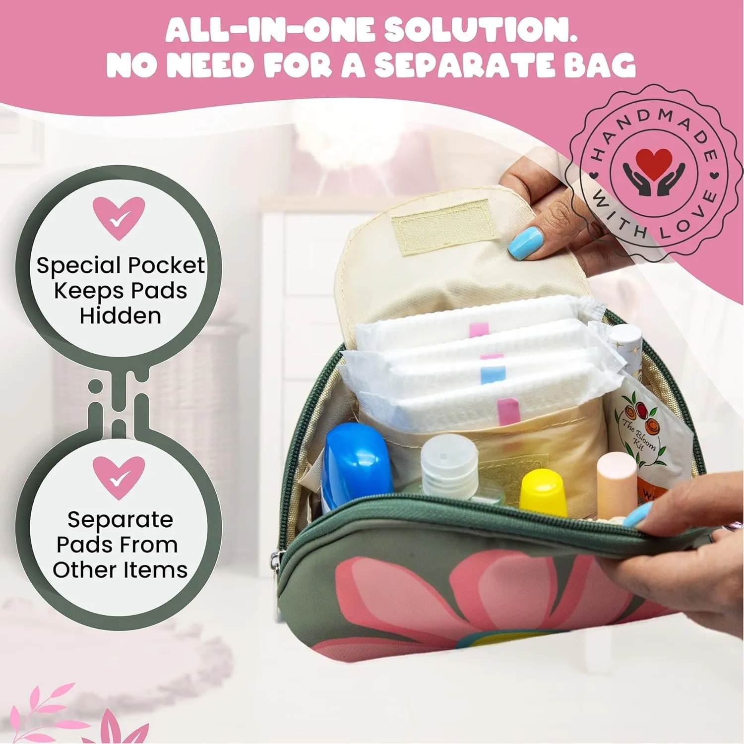 The Bloom First Period Kit for Girls 9-12, Cute Sanitary Napkin Storage Bag Gifts for Girls, Tween Period Starter Kit, Portable Waterproof Emergency Sanitary Pad Pouch for Active Girls - 16 PC (Green)
