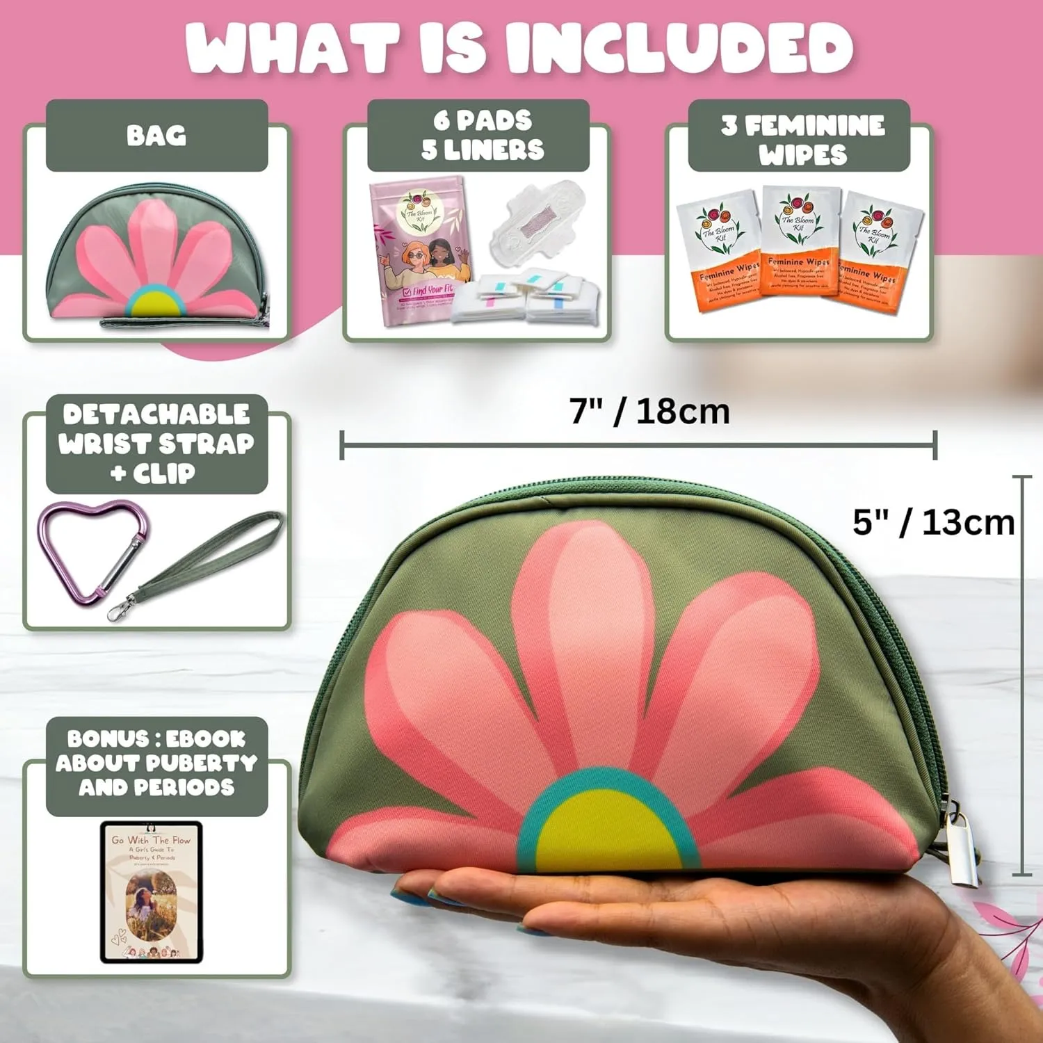 The Bloom First Period Kit for Girls 9-12, Cute Sanitary Napkin Storage Bag Gifts for Girls, Tween Period Starter Kit, Portable Waterproof Emergency Sanitary Pad Pouch for Active Girls - 16 PC (Green)