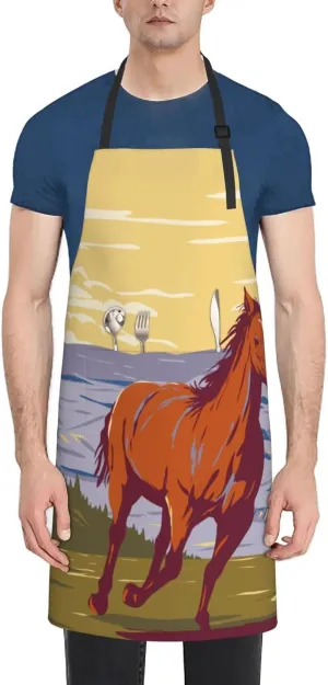 The Horse Running On The Grassland Apron Adjustable Neck Aprons For Men Women With Pockets Waterproof Aprons For Kitchen Home Cooking Bbq Apron