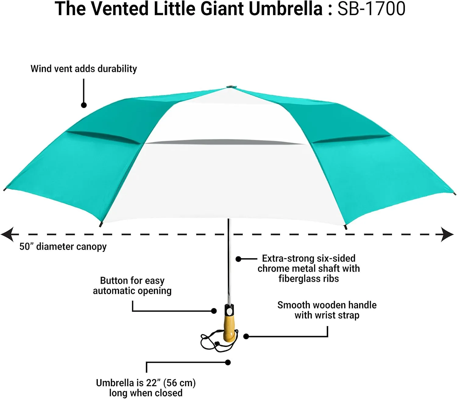 The Little Giant Vented Windproof Large 58 Inch Automatic Open Folding Golf Umbrella, Portable Strong Fiberglass Ribs Umbrella, Oversize Golf Umbrella with Wooden Handle for Men & Women