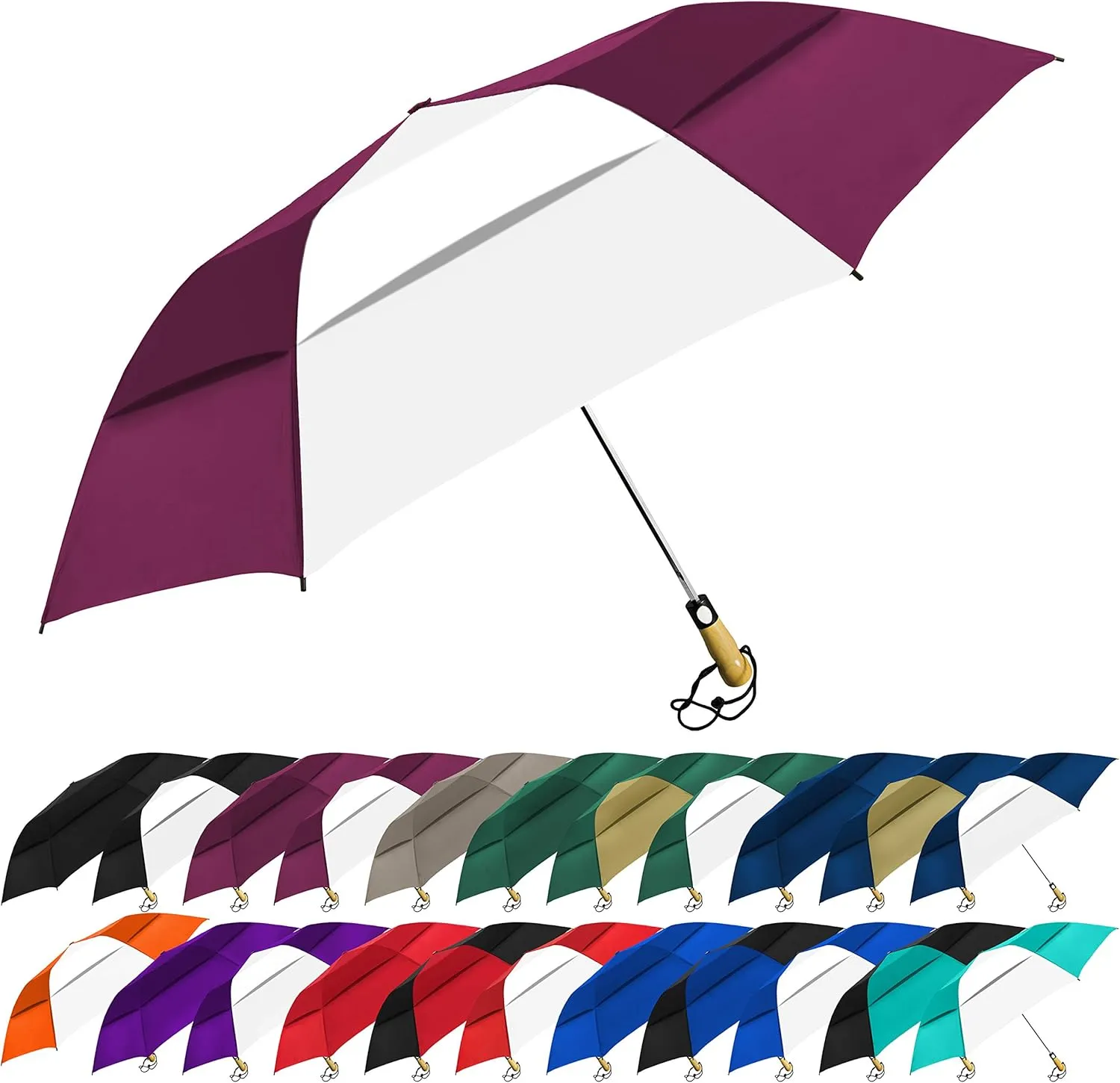 The Little Giant Vented Windproof Large 58 Inch Automatic Open Folding Golf Umbrella, Portable Strong Fiberglass Ribs Umbrella, Oversize Golf Umbrella with Wooden Handle for Men & Women