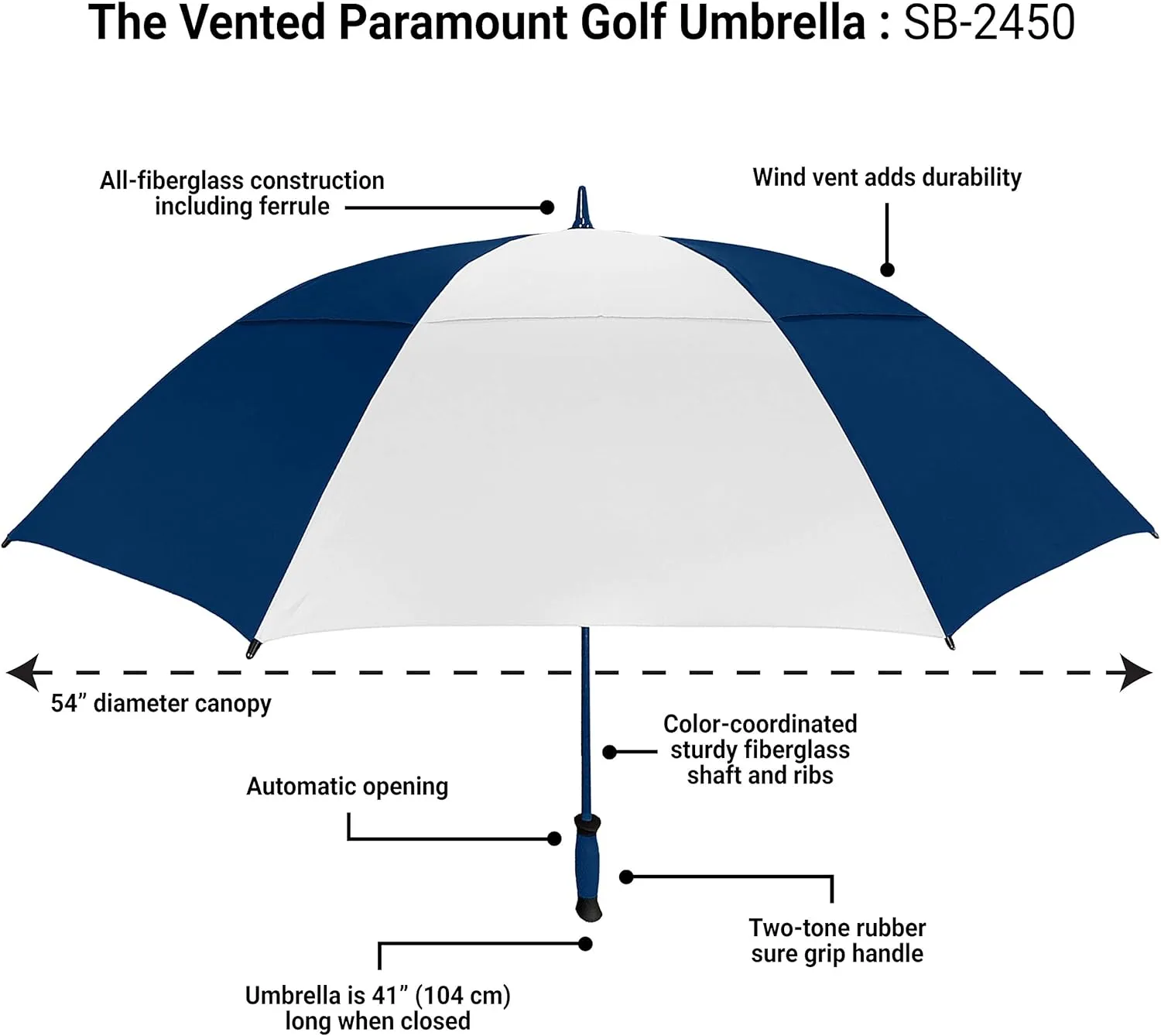 The Paramount Vented Large 64 inch Windproof Automatic Open Double Canopy Golf Umbrella for Rain, Wind and Sun, Strong & Lightweight Oversized Golf Umbrella with Wind Vent for Men & Women