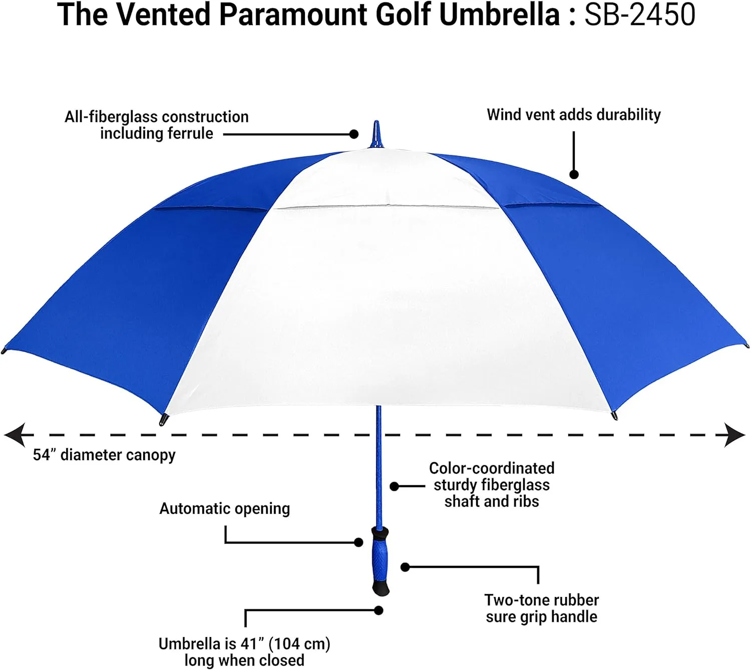 The Paramount Vented Large 64 inch Windproof Automatic Open Double Canopy Golf Umbrella for Rain, Wind and Sun, Strong & Lightweight Oversized Golf Umbrella with Wind Vent for Men & Women