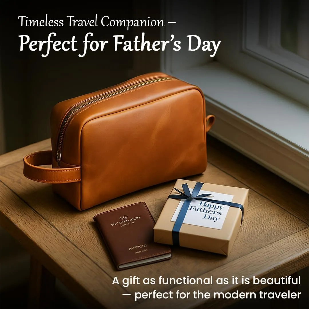 The Tannery Genuine Leather Toiletry Bag For Men & Women, Lightweight Pouch For Unisex, Durable Makeup Kit Bag For Essentials, Best Gift For Father's Day, Stylish Travel Organizer (Tan Brown)