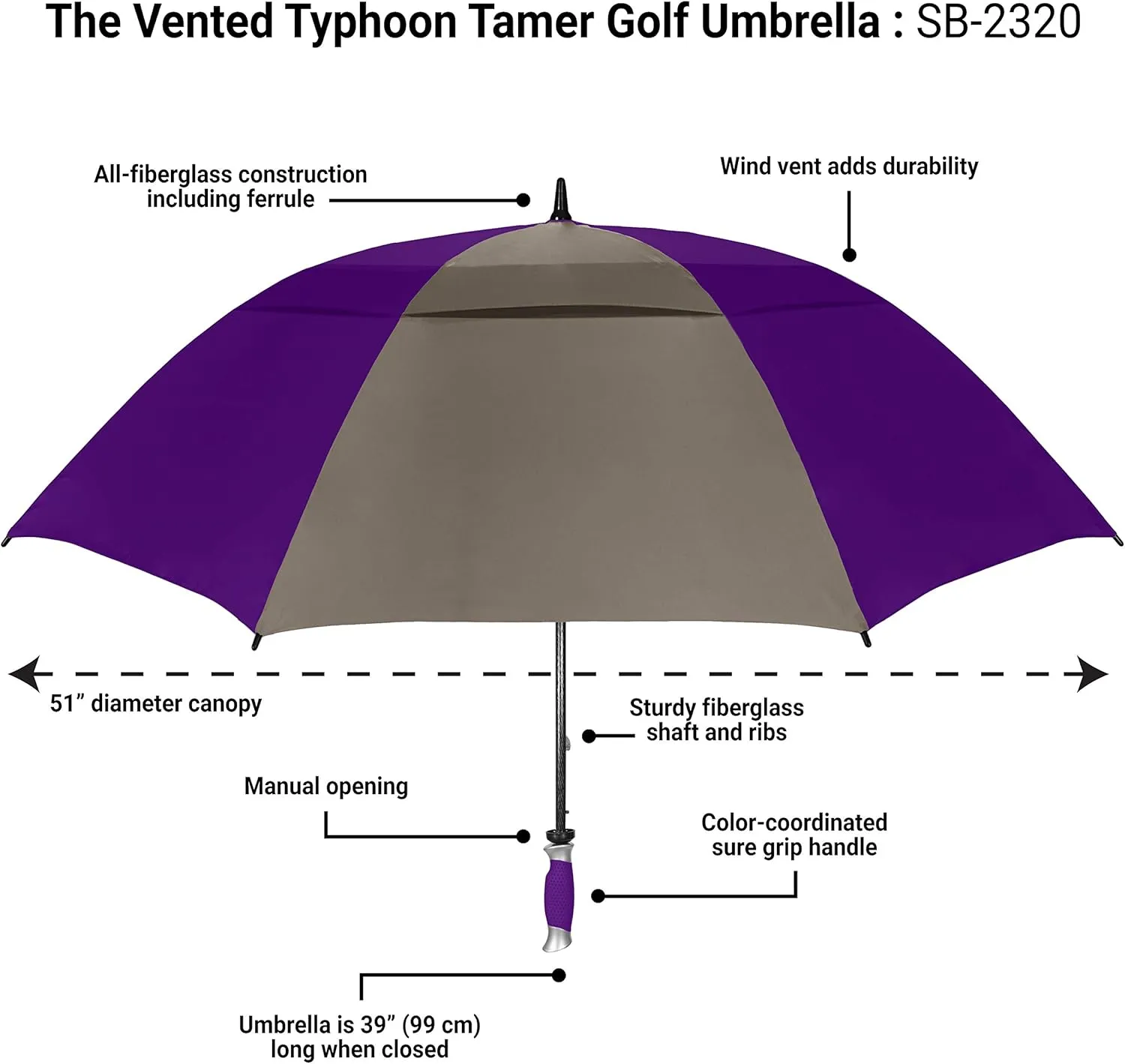 The Typhoon Tamer 62 Inch Vented Windproof Double Canopy Large Golf Umbrella for Rain & Wind, Strong Fiberglass Oversized Lightweight Professional Quality Golfers Umbrella for Men & Women, Gray/Purple
