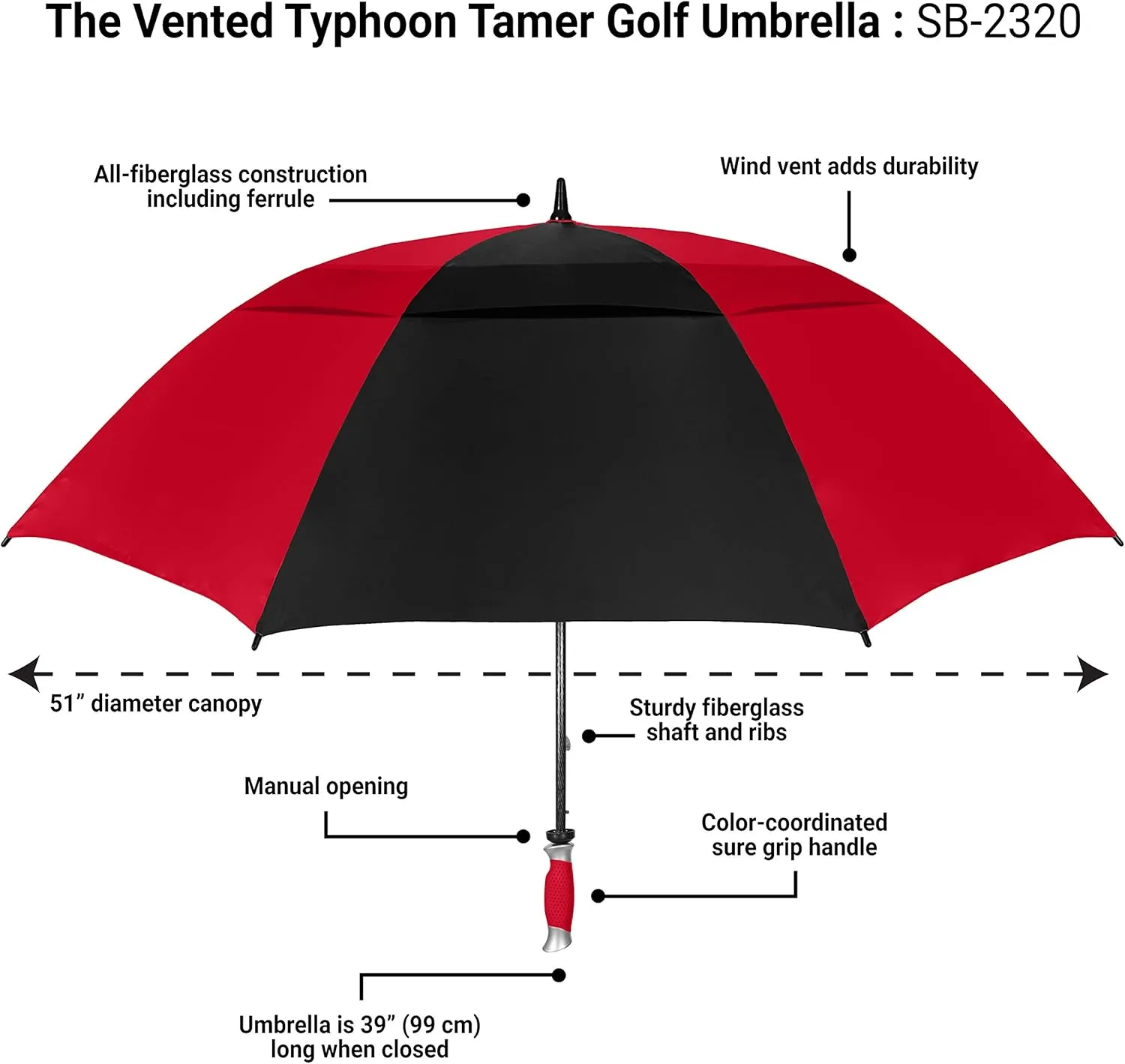 The Typhoon Tamer 62 Inch Vented Windproof Double Canopy Large Golf Umbrella for Rain & Wind, Strong Fiberglass Oversized Lightweight Professional Quality Golfers Umbrella for Men & Women, Red/Black