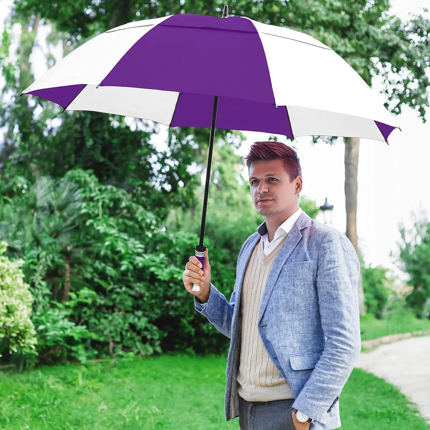 The Typhoon Tamer 62 Inch Vented Windproof Double Canopy Large Golf Umbrella for Rain & Wind, Strong Oversized Lightweight Professional Quality Golfers Umbrella for Men & Women, Purple/White