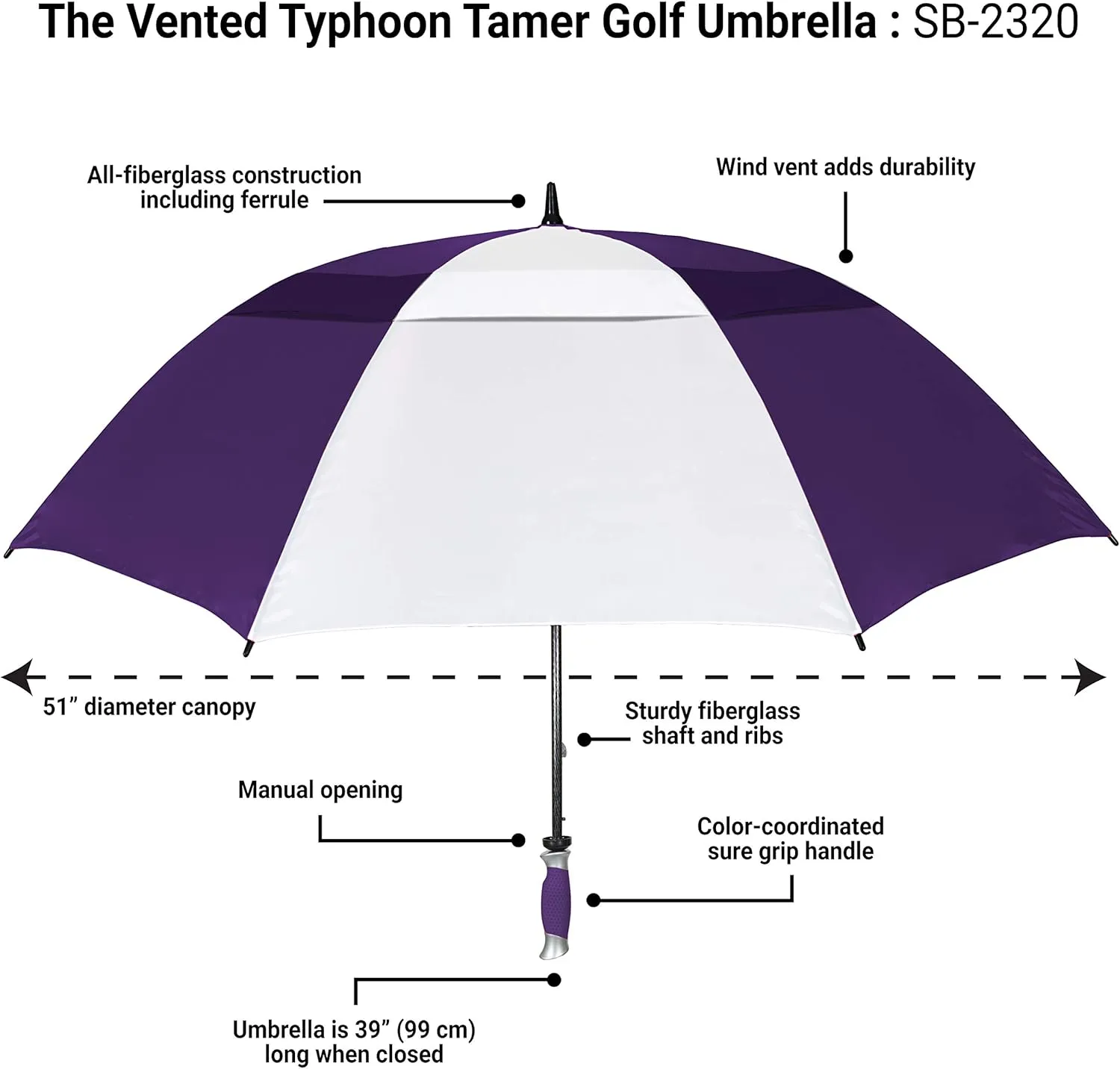 The Typhoon Tamer 62 Inch Vented Windproof Double Canopy Large Golf Umbrella for Rain & Wind, Strong Oversized Lightweight Professional Quality Golfers Umbrella for Men & Women, Purple/White