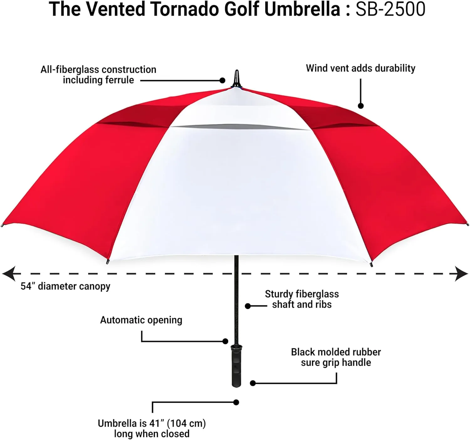 The Vented Tornado 64" Large Oversize Windproof Automatic Open Golf Umbrella, Heavy Duty Thick Fiberglass Ribs Waterproof Wind Vent Portable 2 Person Golf Umbrella for Men and Women - Red/White