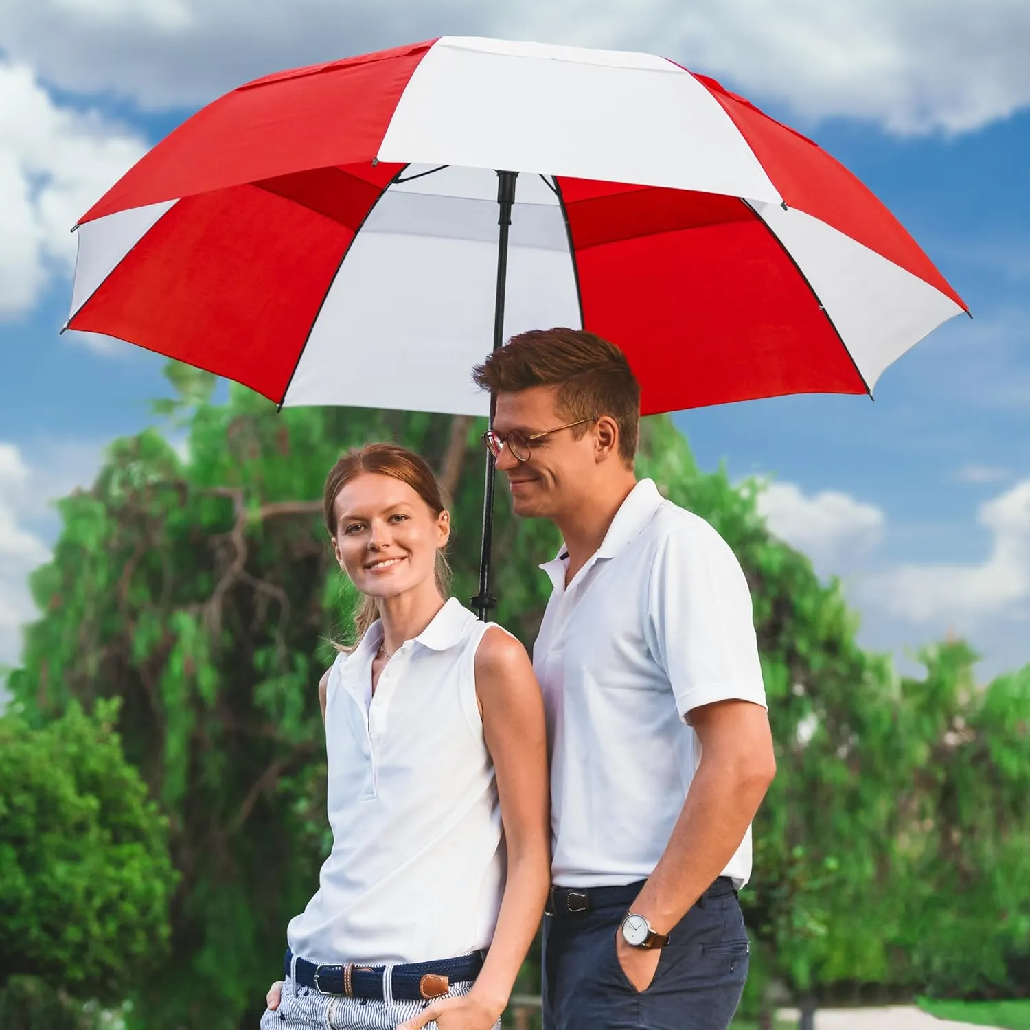 The Vented Tornado 64" Large Oversize Windproof Automatic Open Golf Umbrella, Heavy Duty Thick Fiberglass Ribs Waterproof Wind Vent Portable 2 Person Golf Umbrella for Men and Women - Red/White