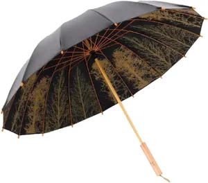 ThreeH Long Stick Umbrella Windproof Oversized Umbrella Wooden Handle with 16 Fiberglass Ribs Retro Trees Print Large Canopy for Business Travel