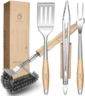 TIVOLI Grill Set 4PC BBQ Tools Set Grill Accessories with BBQ Spatula, BBQ Clips, Brushes, BBQ Forks Heavy Duty Grill Kit Grill Tools for Outdoor Grill with Wood Handles Gift Ideas for Dad Man