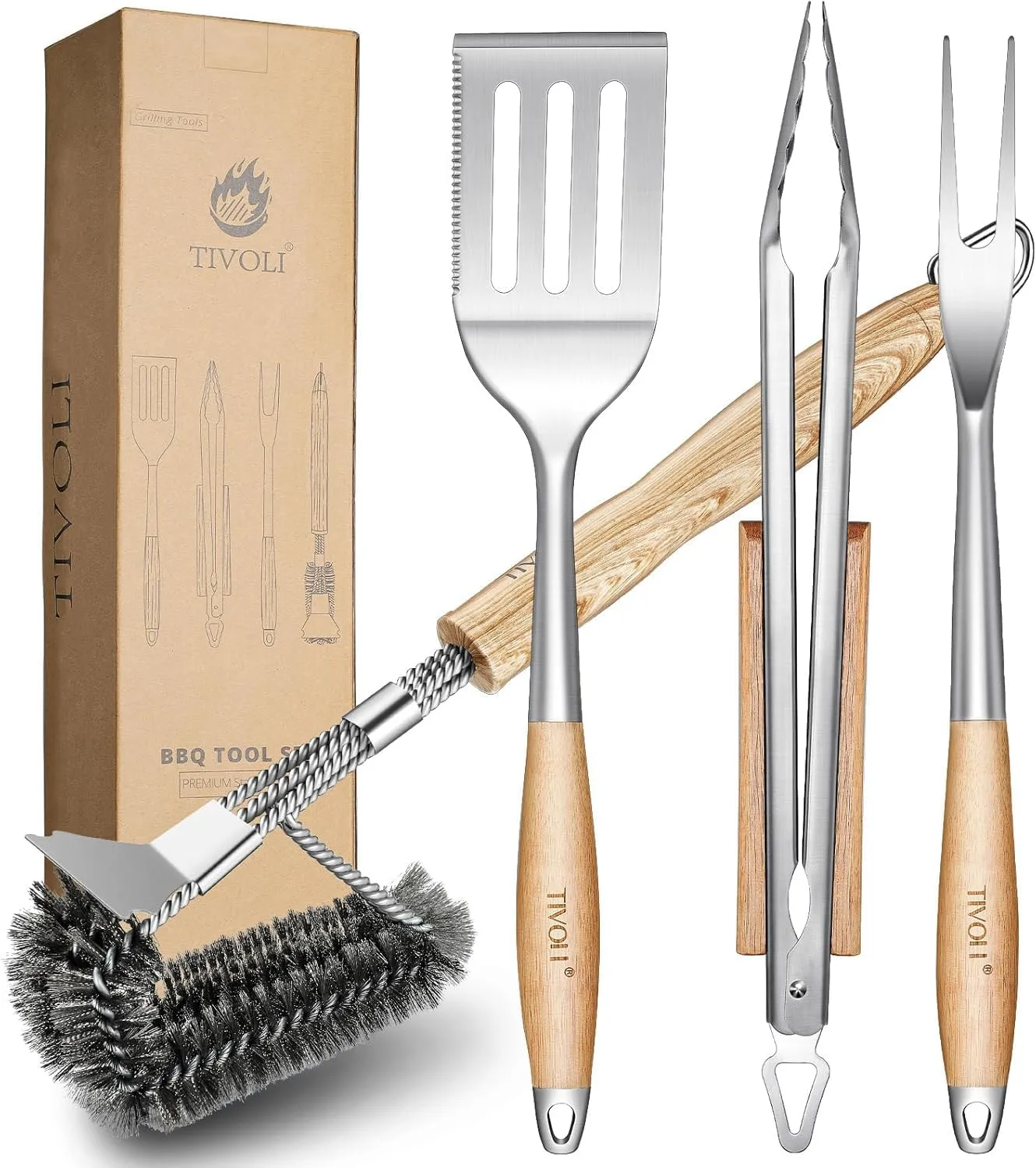 TIVOLI Grill Set 4PC BBQ Tools Set Grill Accessories with BBQ Spatula, BBQ Clips, Brushes, BBQ Forks Heavy Duty Grill Kit Grill Tools for Outdoor Grill with Wood Handles Gift Ideas for Dad Man