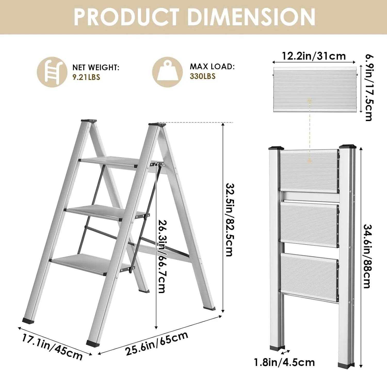 TLGREEN 3 Step Ladder, Aluminum Step Ladder 3 Step Folding with Anti-Slip Pedal, 330LBS Capacity Folding Step Ladder, Lightweight Stepladder for Kitchen, Office, Home, Garage (Silver)