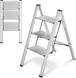 TLGREEN 3 Step Ladder, Aluminum Step Ladder 3 Step Folding with Anti-Slip Pedal, 330LBS Capacity Folding Step Ladder, Lightweight Stepladder for Kitchen, Office, Home, Garage (Silver)