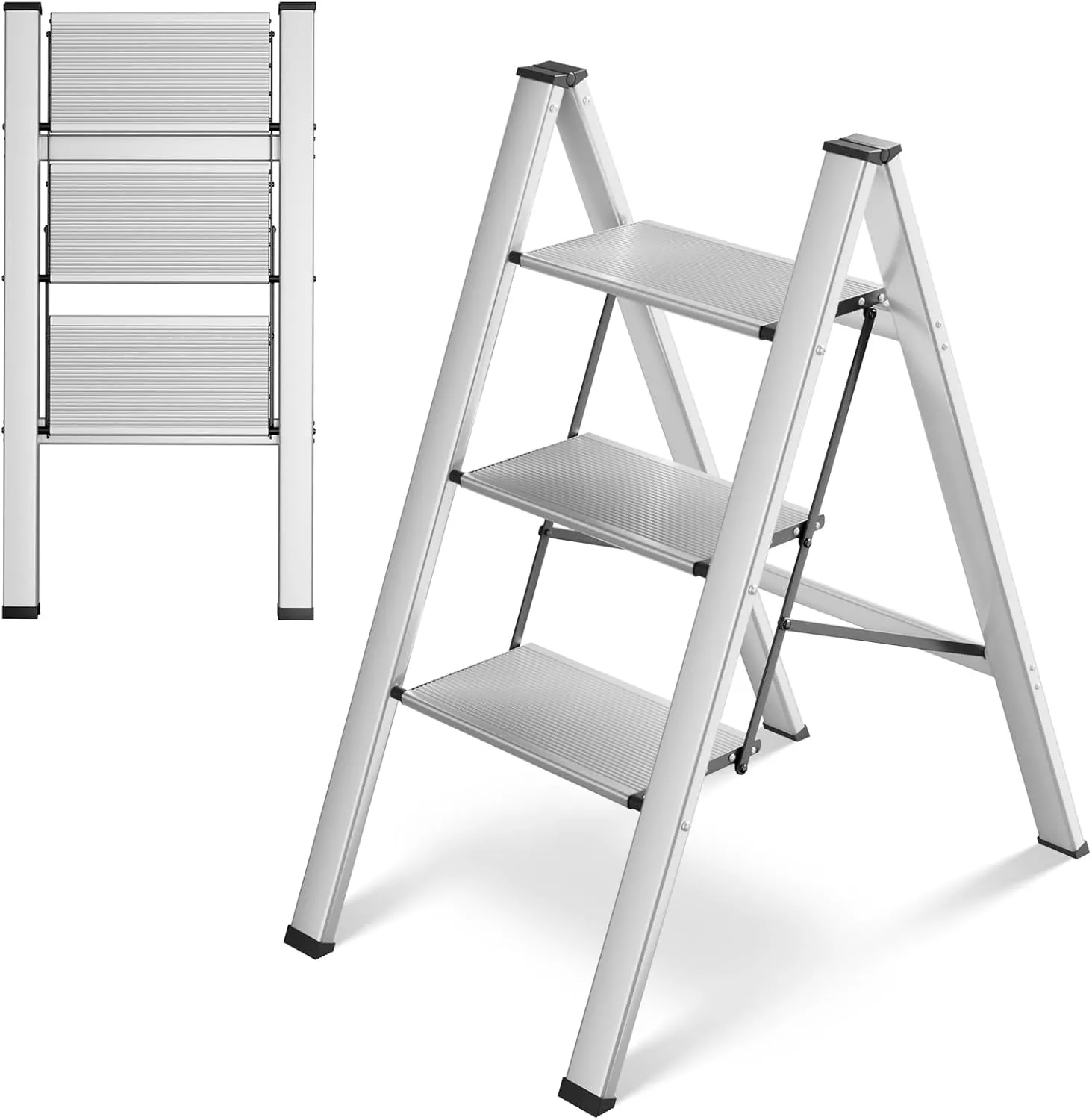 TLGREEN 3 Step Ladder, Aluminum Step Ladder 3 Step Folding with Anti-Slip Pedal, 330LBS Capacity Folding Step Ladder, Lightweight Stepladder for Kitchen, Office, Home, Garage (Silver)
