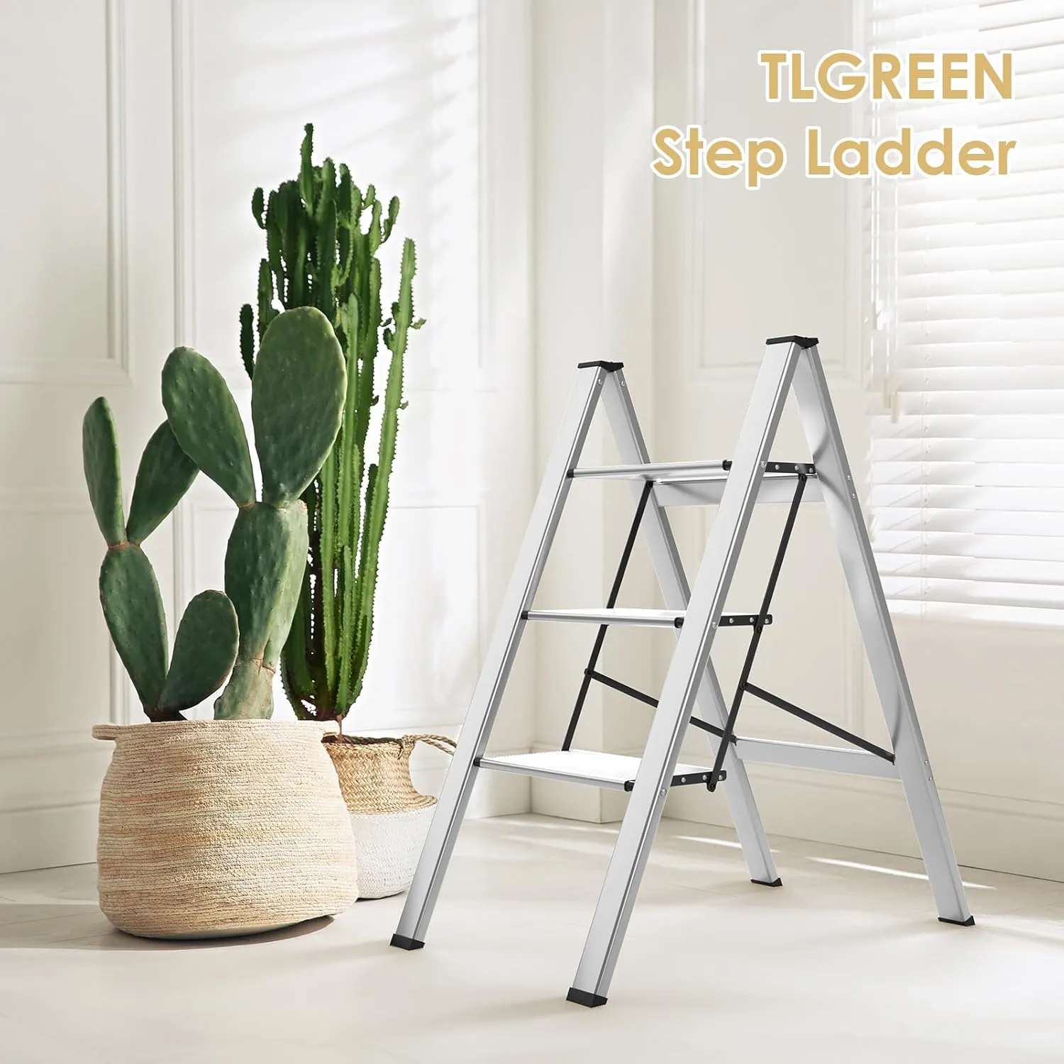 TLGREEN 3 Step Ladder, Aluminum Step Ladder 3 Step Folding with Anti-Slip Pedal, 330LBS Capacity Folding Step Ladder, Lightweight Stepladder for Kitchen, Office, Home, Garage (Silver)