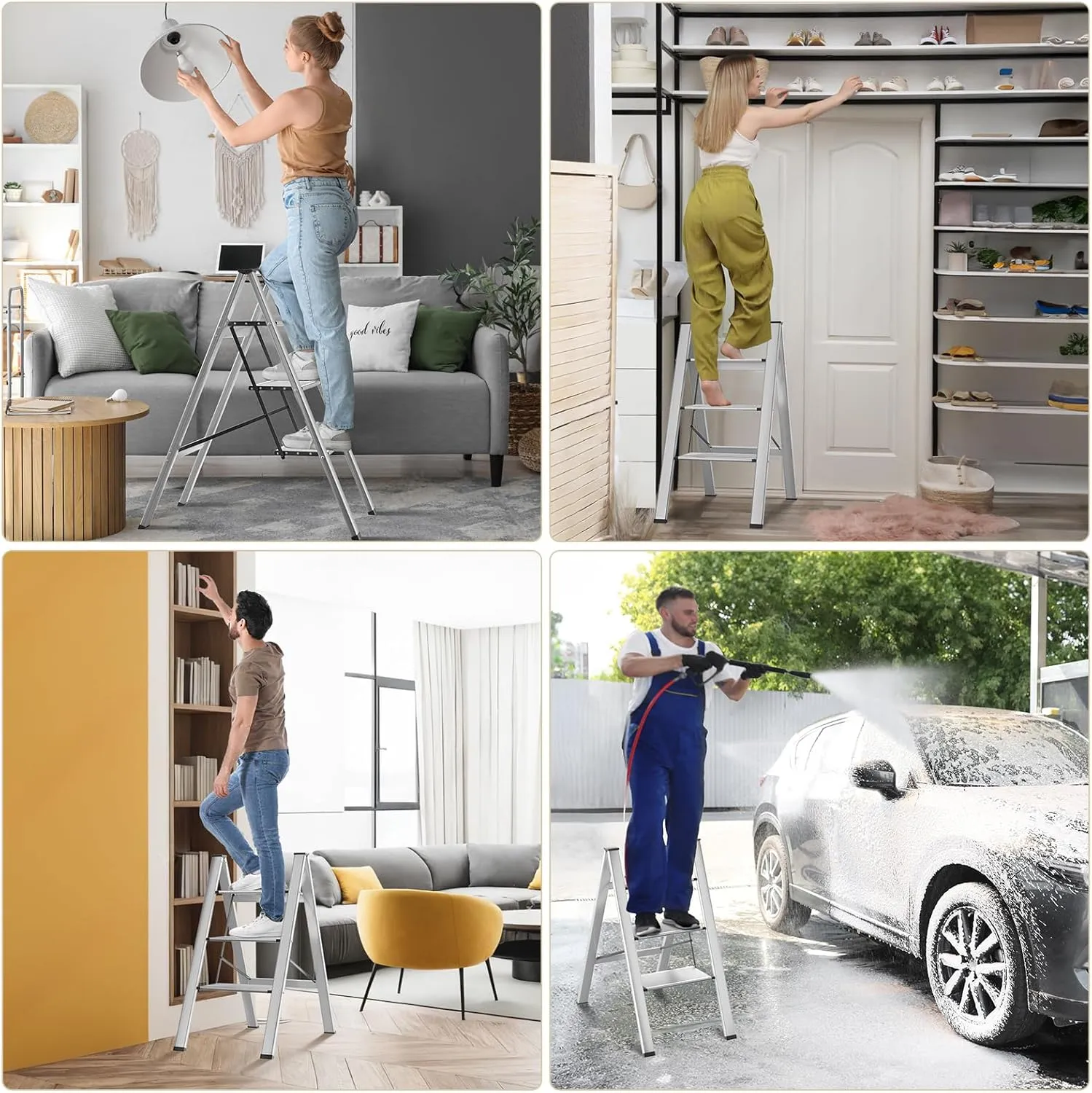 TLGREEN 3 Step Ladder, Aluminum Step Ladder 3 Step Folding with Anti-Slip Pedal, 330LBS Capacity Folding Step Ladder, Lightweight Stepladder for Kitchen, Office, Home, Garage (Silver)