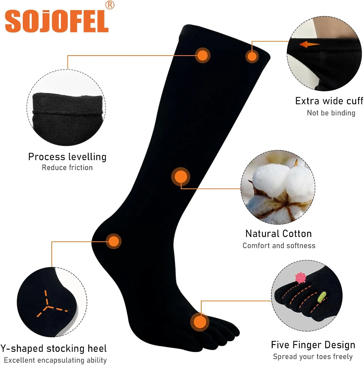 Toe Socks Athletic for Men - Women Five Finger Socks Cotton High Crew Socks for Running Sports Hiking 5 Pairs 6-12