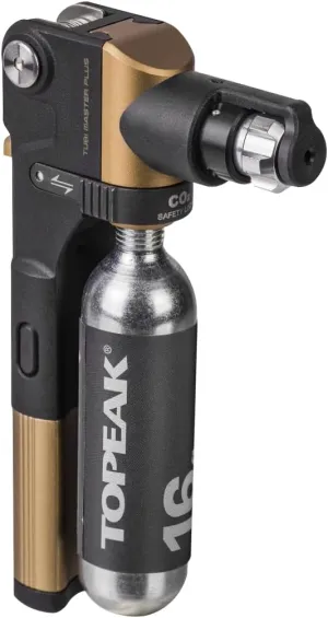 Topeak Tubi Master , compact tubeless tire repair kit with 3.5mm plug tool, plugs, CO2 inflator, one 16g CO2 cartridge, and knife, strap mount
