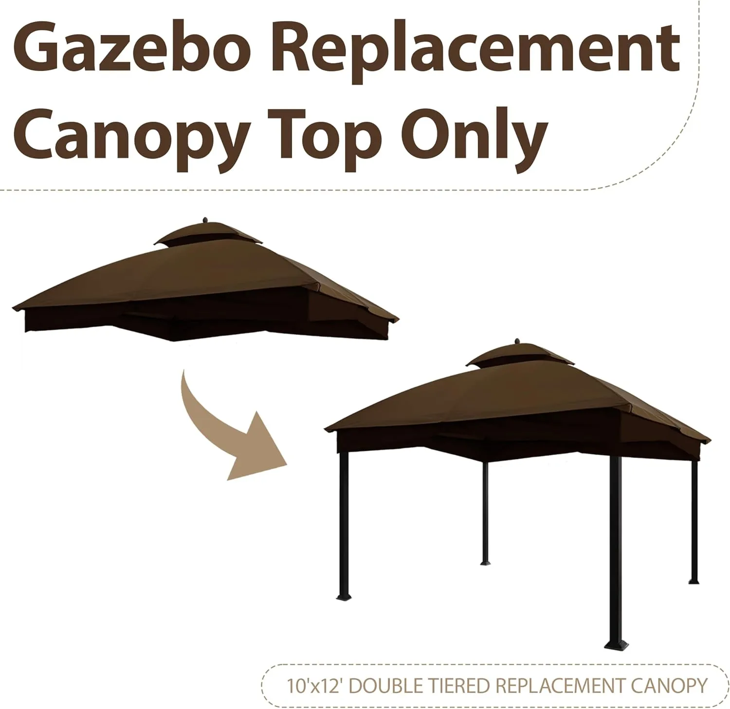 Tradesparker 10x12 Replacement Canopy Top for Lowe's Allen Roth Gazebo #GF-12S004B-1,Double Tiered Waterproof Gazebo Cover Roof with T-Hook, Brown