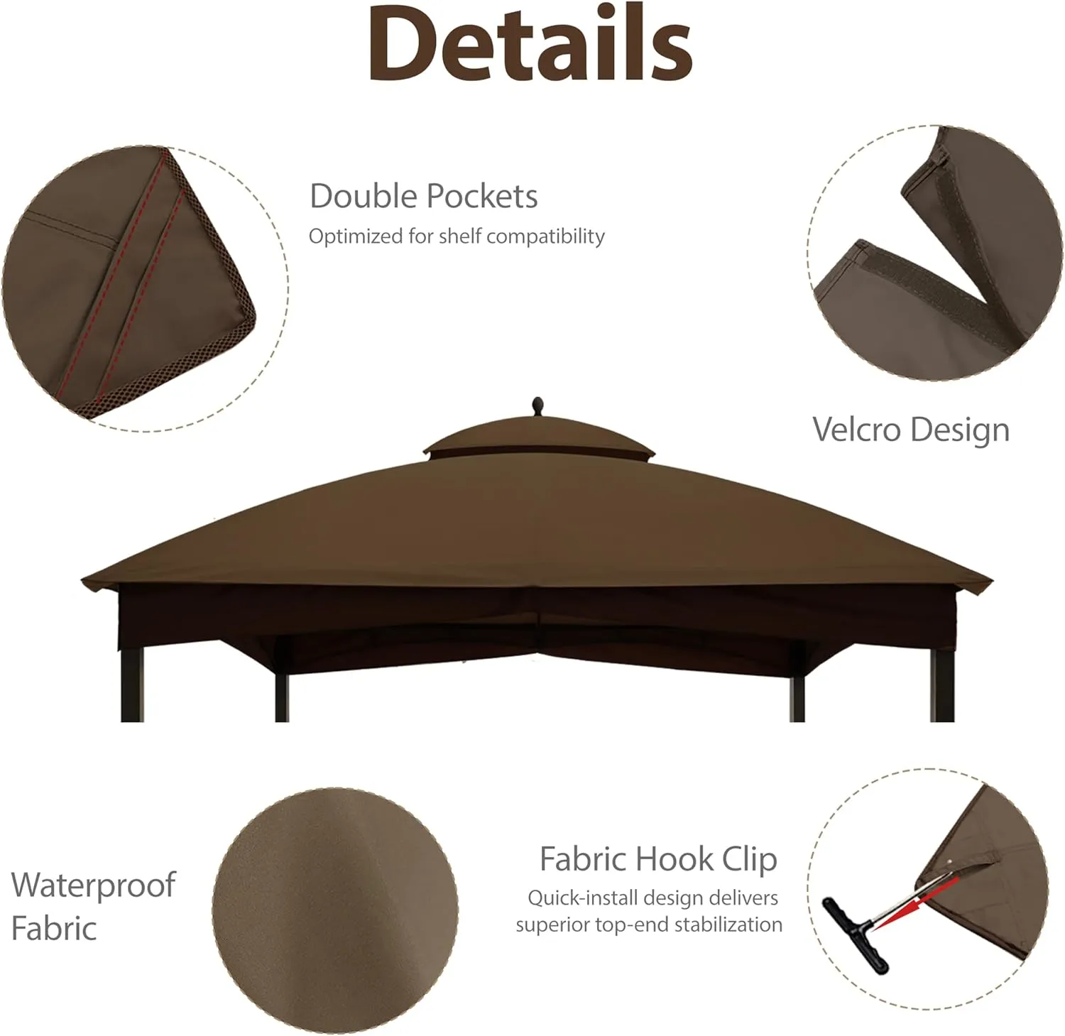 Tradesparker 10x12 Replacement Canopy Top for Lowe's Allen Roth Gazebo #GF-12S004B-1,Double Tiered Waterproof Gazebo Cover Roof with T-Hook, Brown