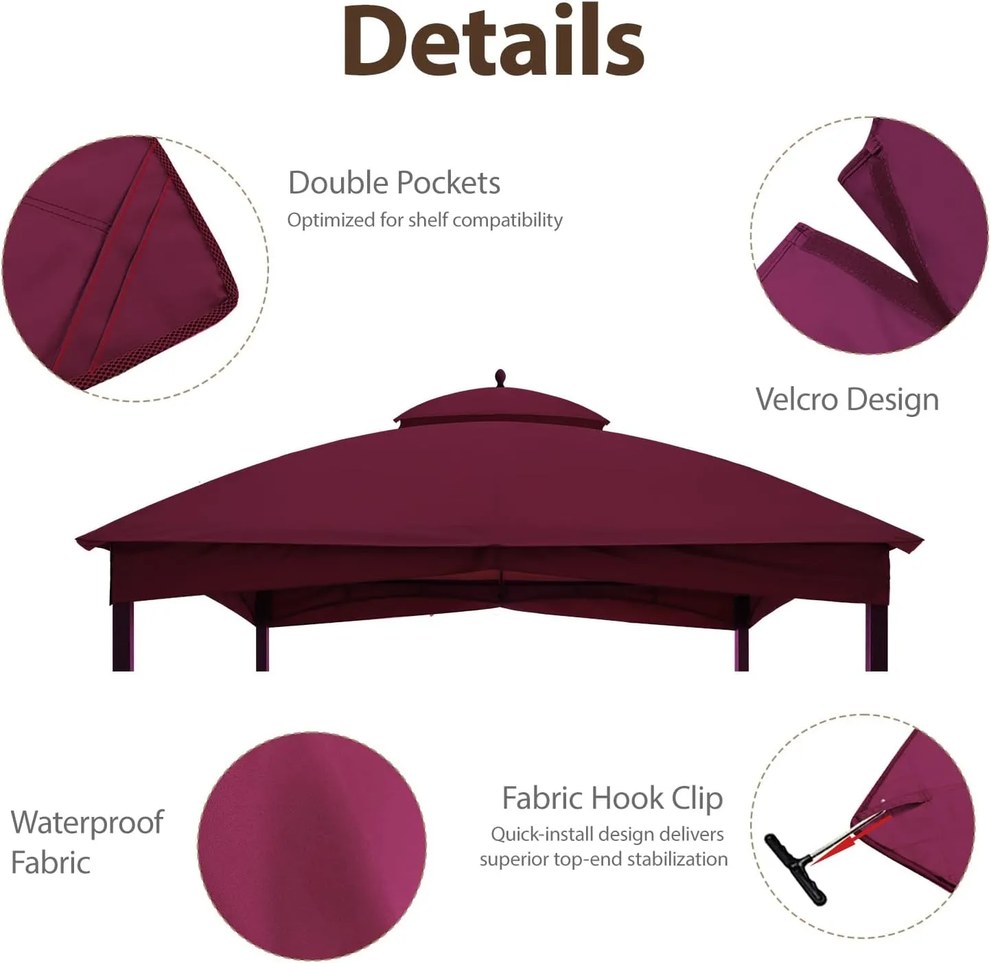 Tradesparker 10x12 Replacement Canopy Top for Lowe's Allen Roth Gazebo #GF-12S004B-1,Double Tiered Waterproof Gazebo Cover Roof with T-Hook, Burgundy