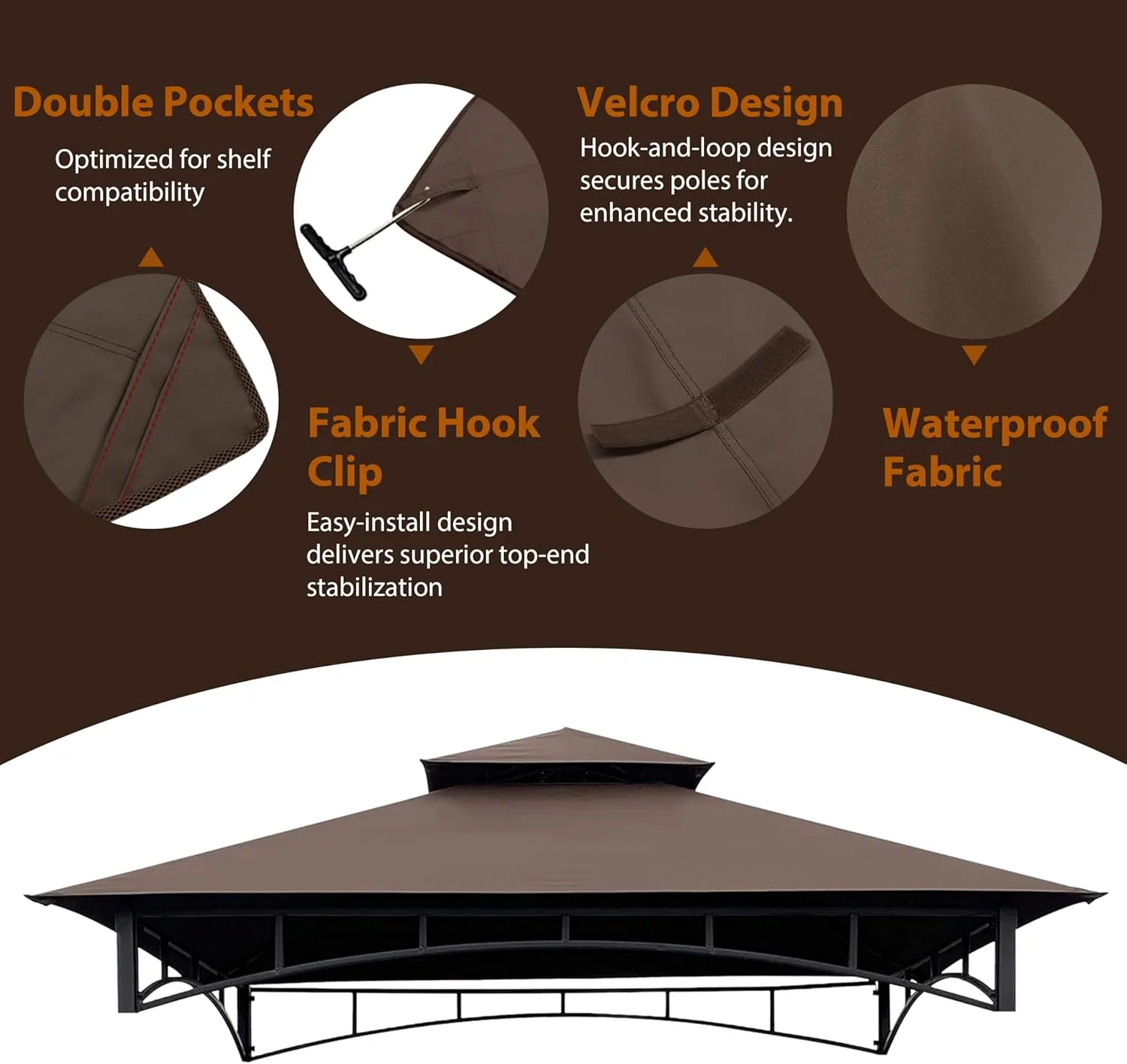Tradesparker 5x8 BBQ Grill Gazebo Replacement Canopy Top with T-Hook,Double Tiered Waterproof Roof Gazebo Cover for Model L-GG001PST-F, Brown