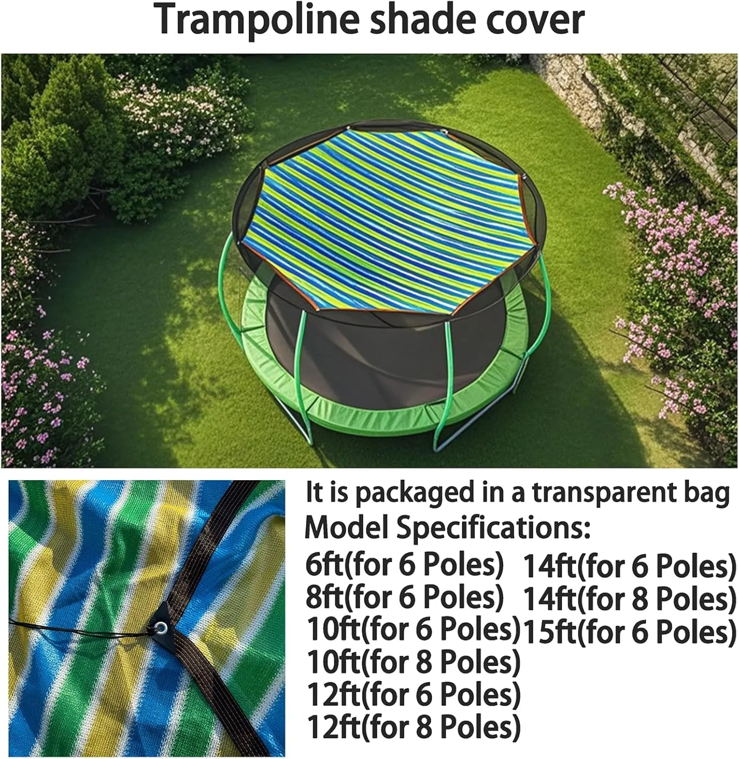 Trampoline Shade Cover - Waterproof & UV Protection Top Cover for 8ft to 16ft Trampolines (8,10,12,14,15,16 ft) - Sunproof Canopy for Outdoor Use, Weather Resistant