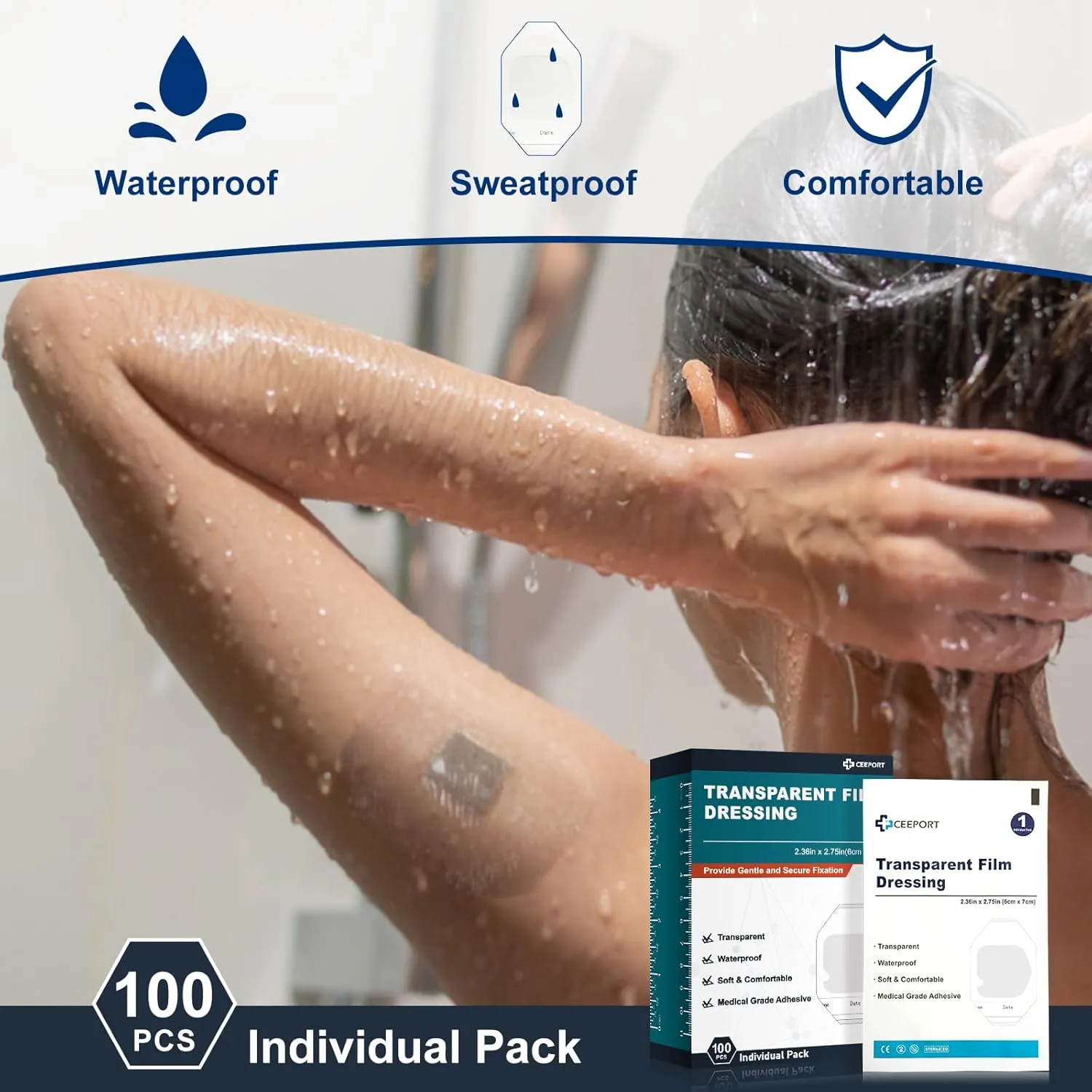 Transparent Film Dressing 2.36" x 2.75", 100 Packs Waterproof Wound Bandage Adhesive Patches, Wound Cover Patches for Post Surgical Shower, IV Shield, Tattoo Aftercare Bandage