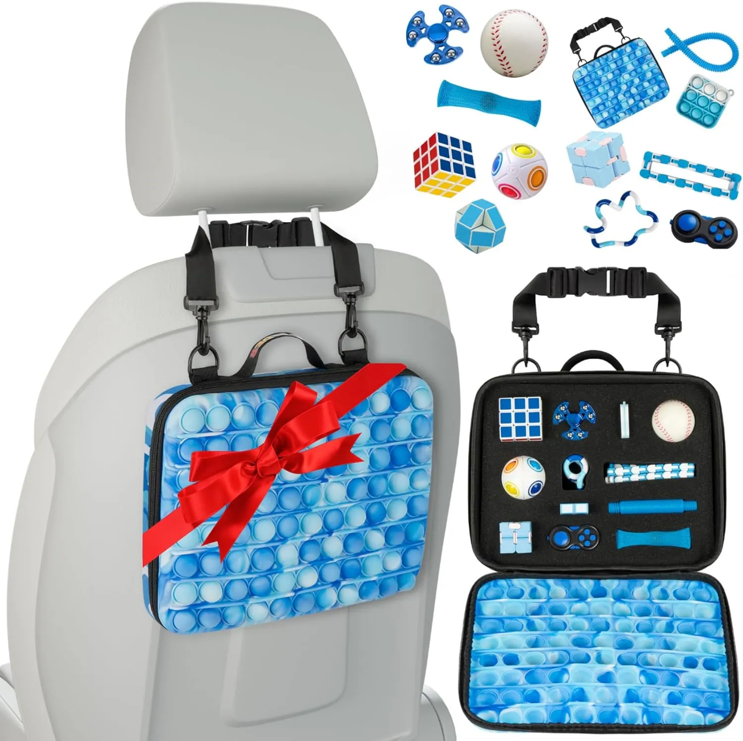 Travel Fidget Case Set with 12 Fidget Toys, Road Trip Activities for Kids, Airplane Must Haves for Kids, Sensory Toys, Car Travel Essentials for Long Trips (Blue)