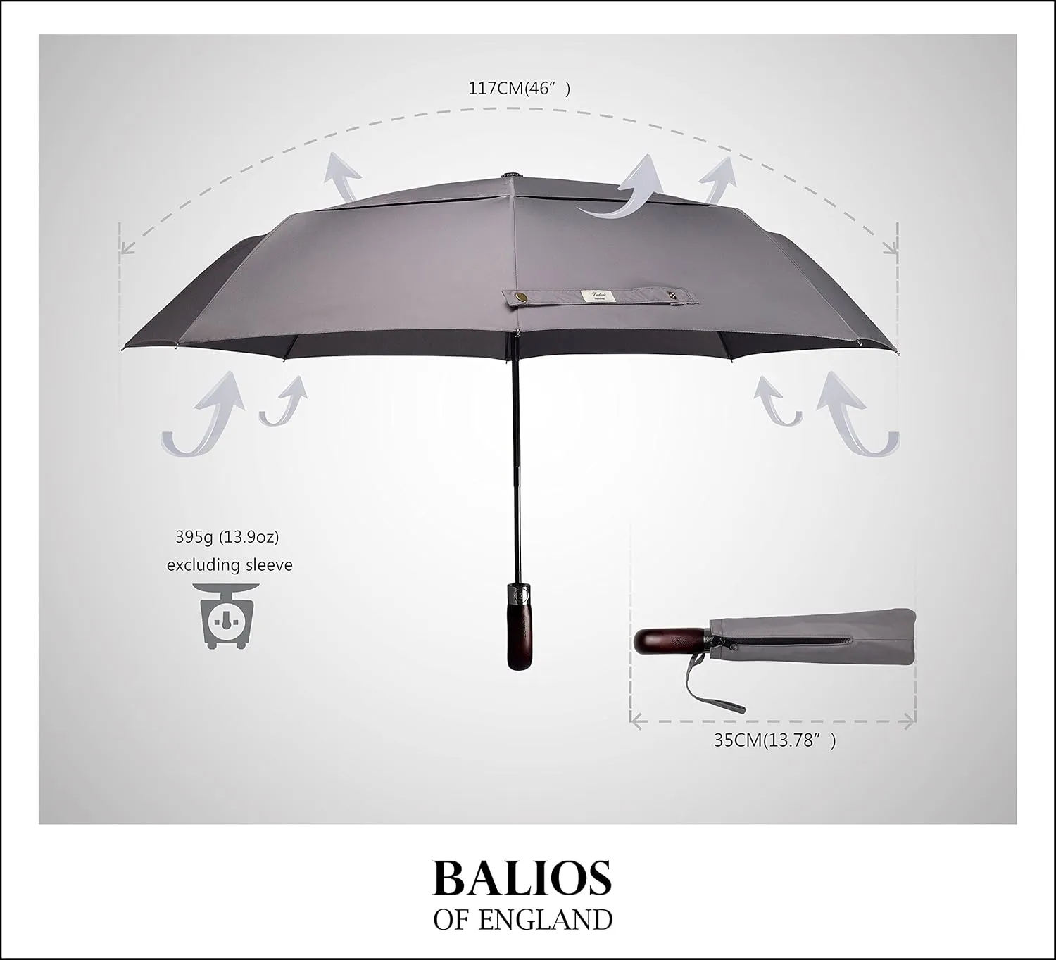 Travel Folding Umbrella with Real Wood Handle Auto Open Close Vented Windproof Canopy - Designed in UK