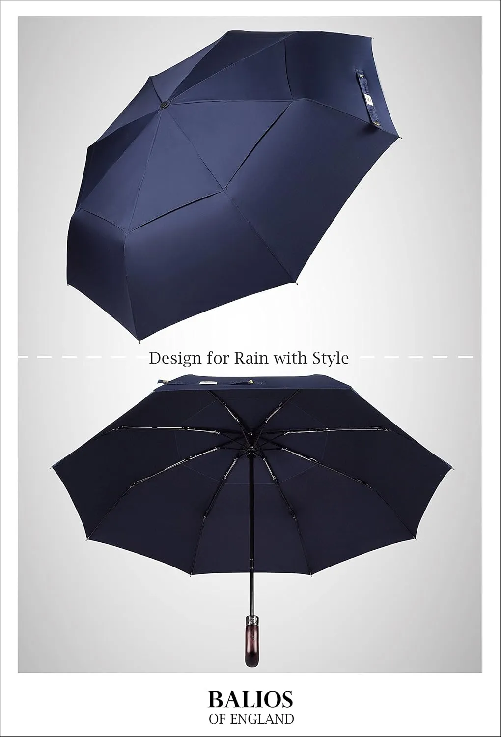 Travel Folding Umbrella with Real Wood Handle Auto Open Close Vented Windproof Canopy - Designed in UK