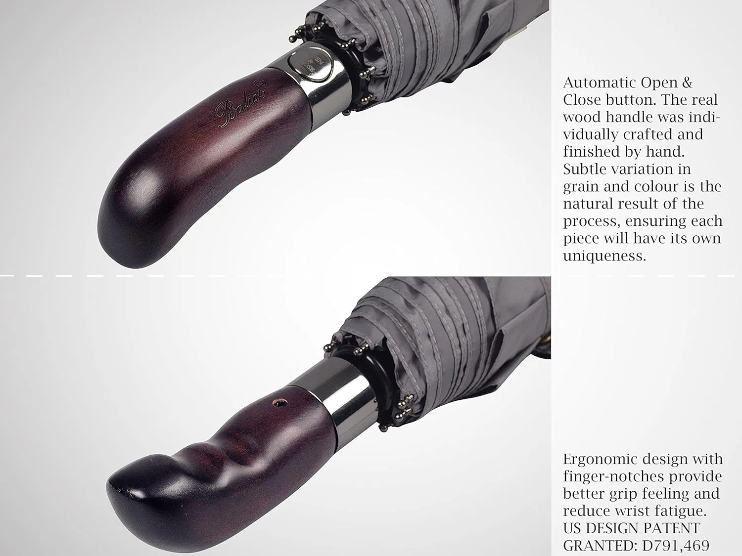 Travel Folding Umbrella with Real Wood Handle Auto Open Close Vented Windproof Canopy - Designed in UK