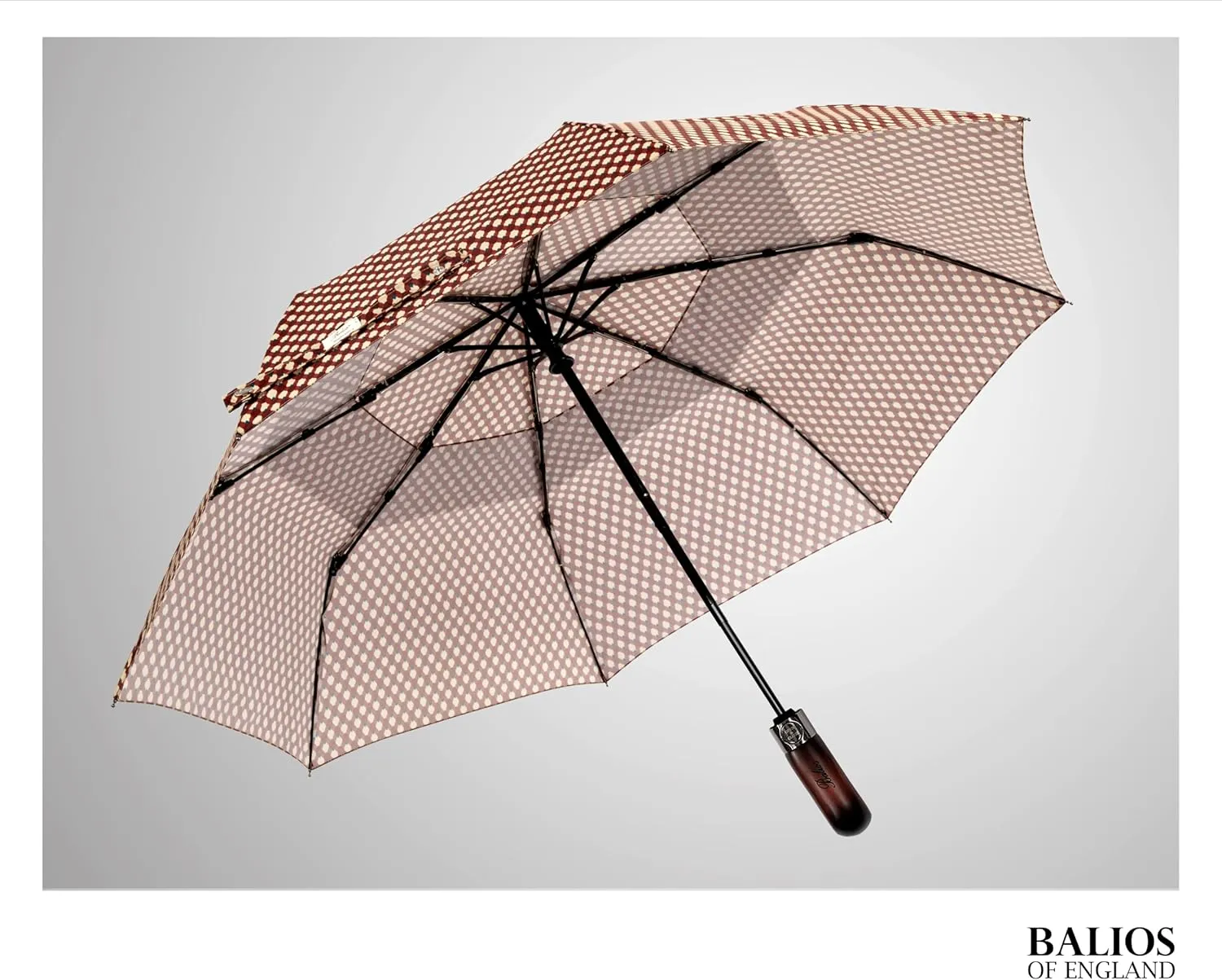 Travel Folding Umbrella with Real Wood Handle Auto Open Close Vented Windproof Canopy - Designed in UK