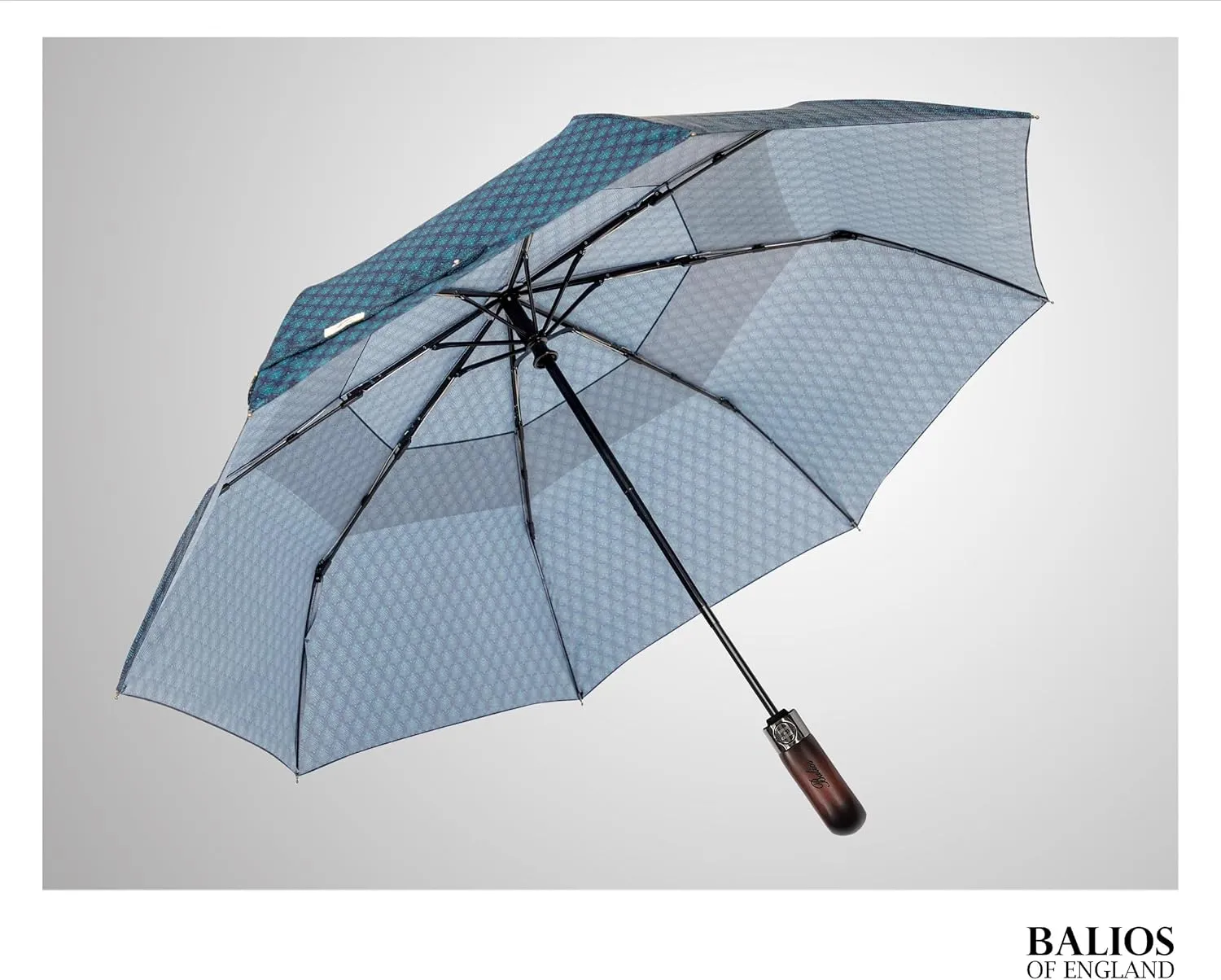 Travel Folding Umbrella with Real Wood Handle Auto Open Close Vented Windproof Canopy - Designed in UK