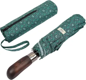 Travel Folding Umbrella with Real Wood Handle Auto Open Close Vented Windproof Canopy - Designed in UK