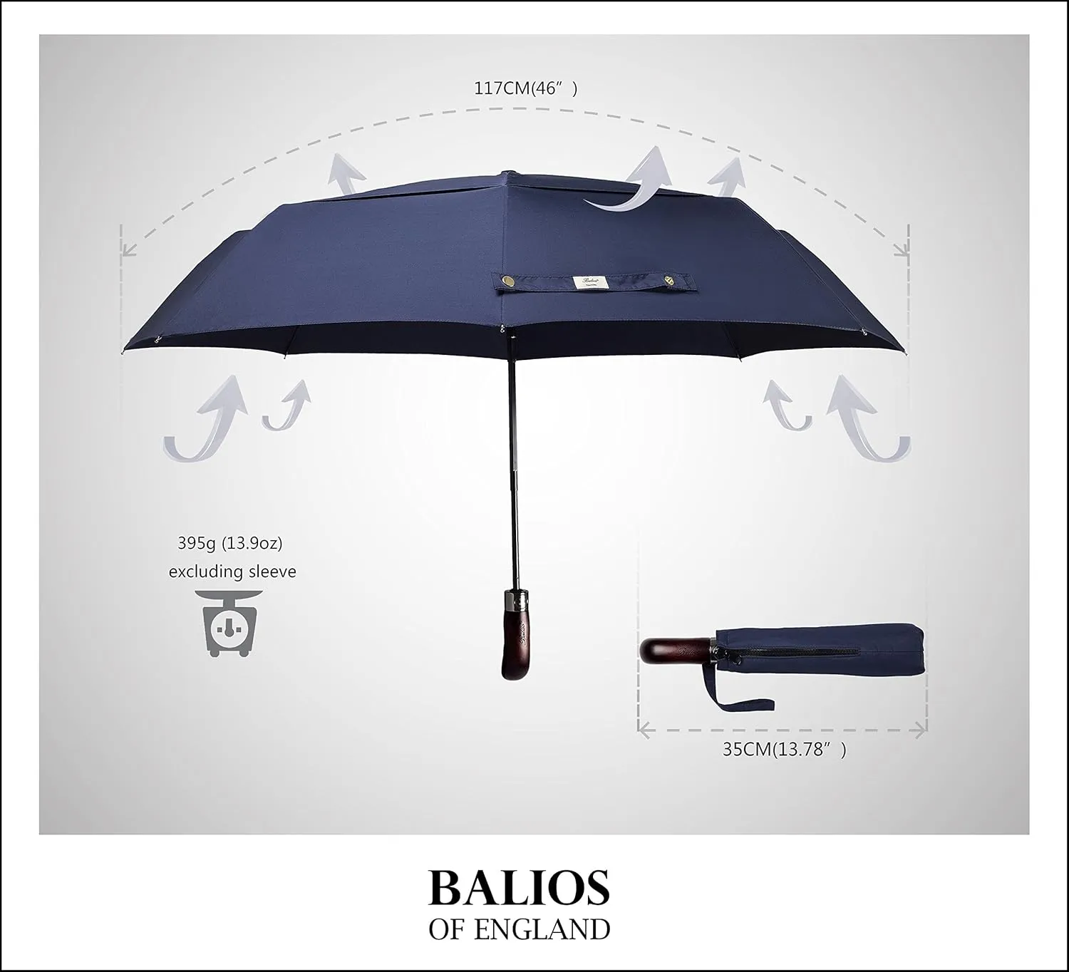 Travel Folding Umbrella with Real Wood Handle Auto Open Close Vented Windproof Canopy - Designed in UK
