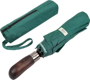 Travel Folding Umbrella with Real Wood Handle Auto Open Close Vented Windproof Canopy - Designed in UK