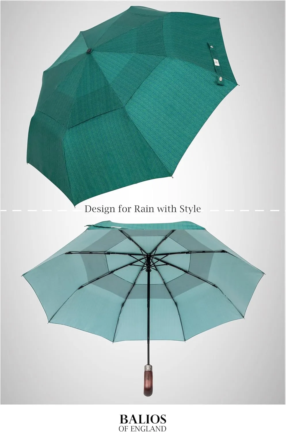 Travel Folding Umbrella with Real Wood Handle Auto Open Close Vented Windproof Canopy - Designed in UK