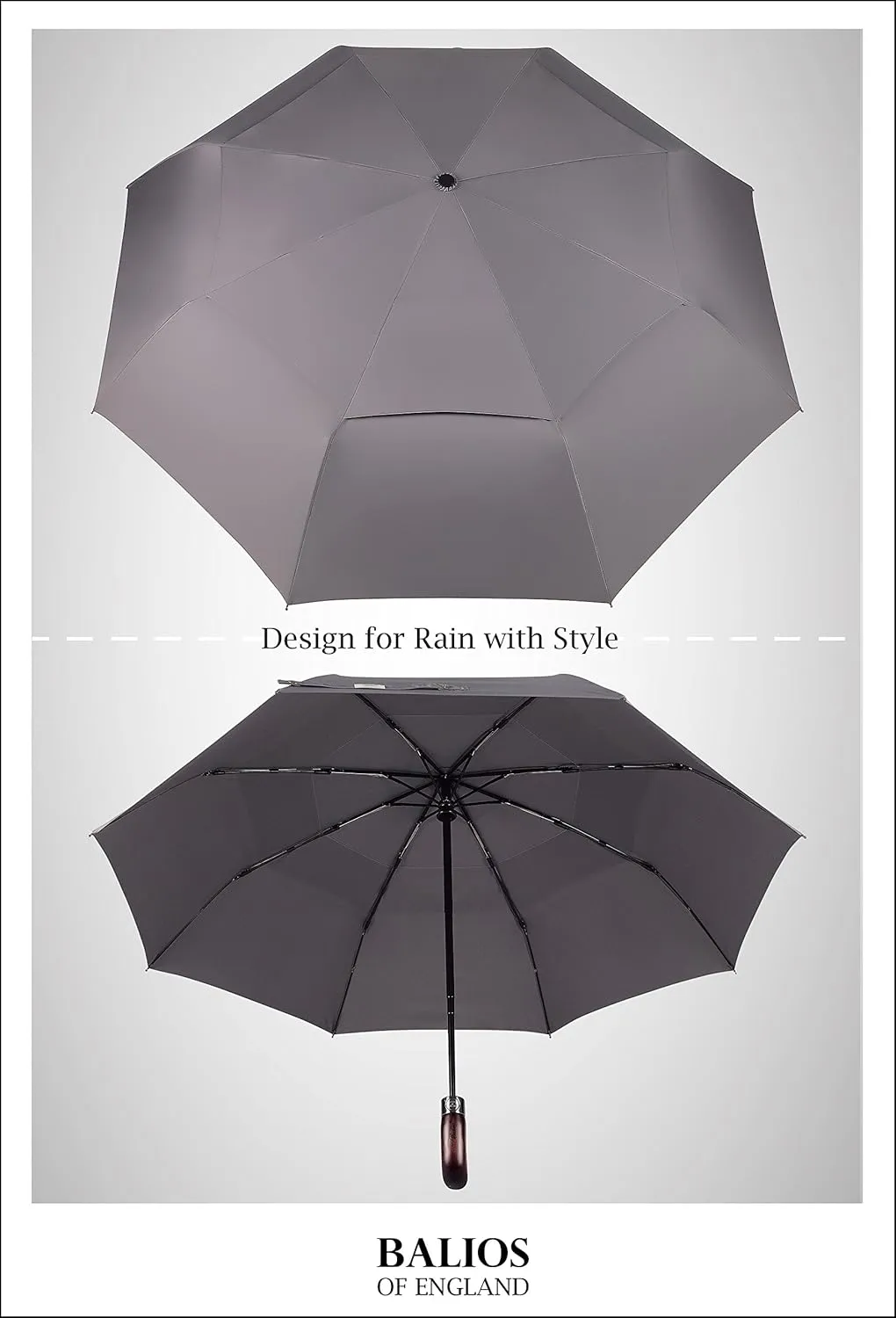 Travel Folding Umbrella with Real Wood Handle Auto Open Close Vented Windproof Canopy - Designed in UK
